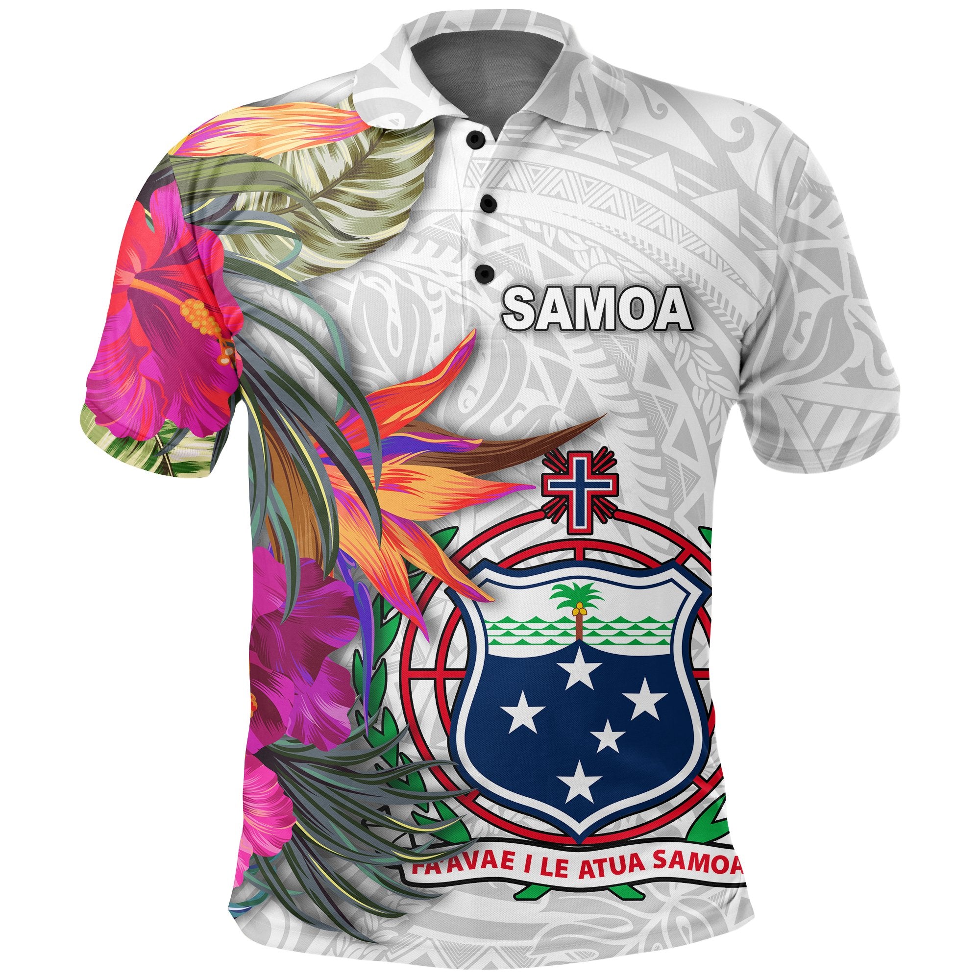 Samoa Polo Shirt Hibiscus Polynesian pattern White Unisex White - Polynesian Pride