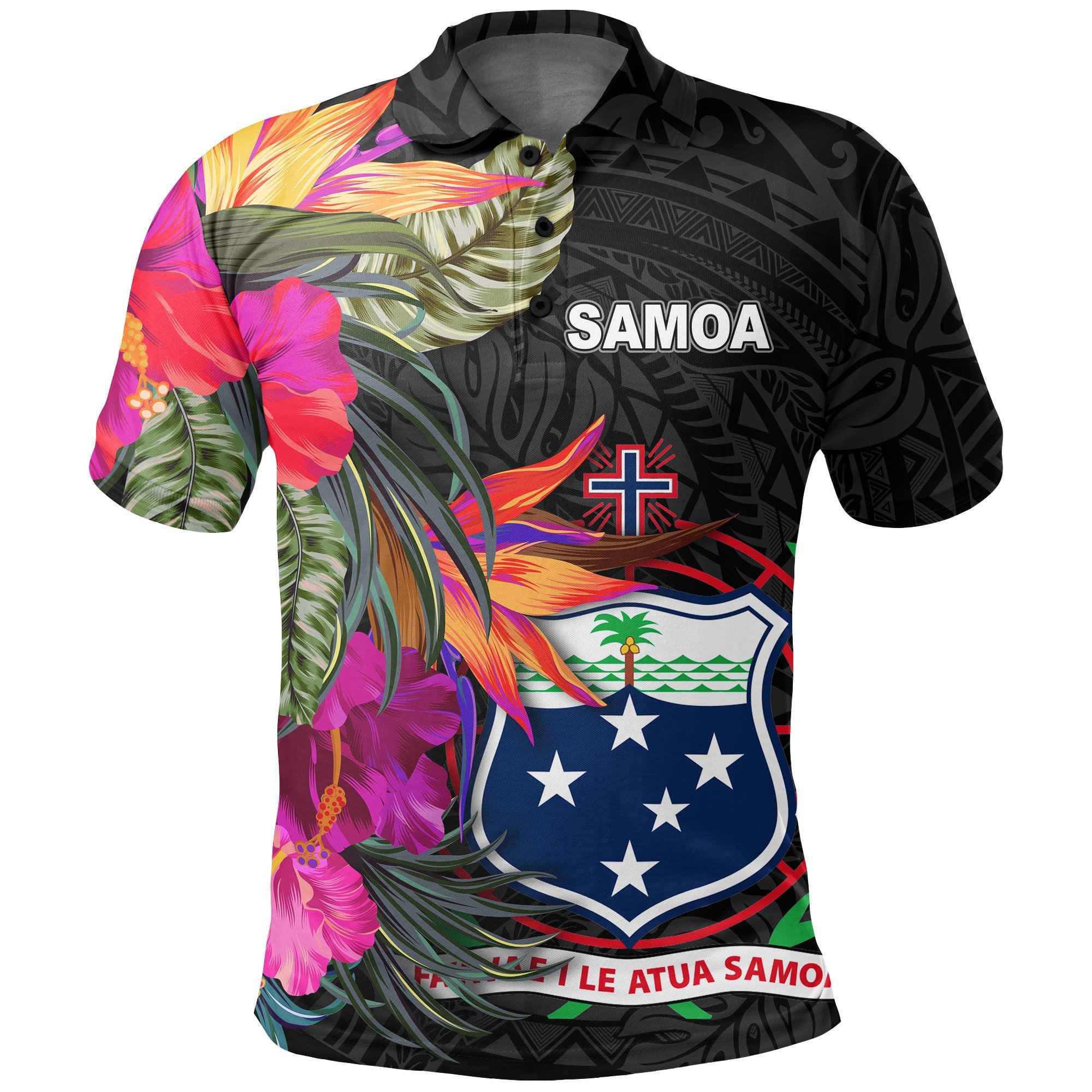 Samoa Polo Shirt Hibiscus Polynesian Pattern Unisex Black - Polynesian Pride