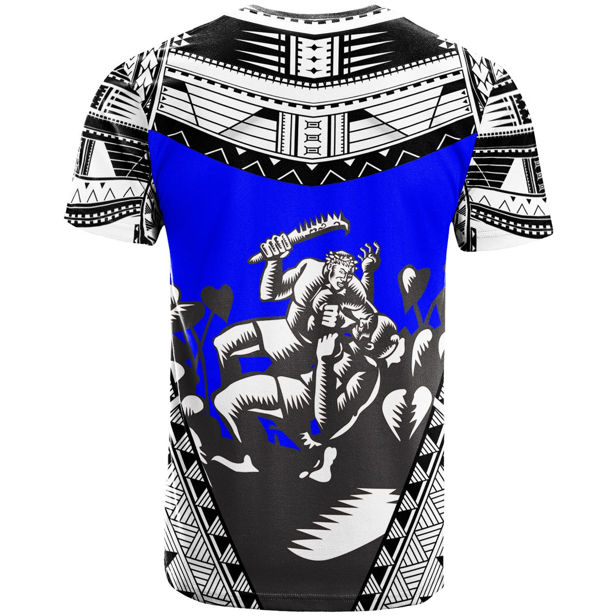 Samoa T Shirt Samoan Legend Wielding A Club Nifooti Weapon Defeating The God With Taro Plant Blue - Polynesian Pride