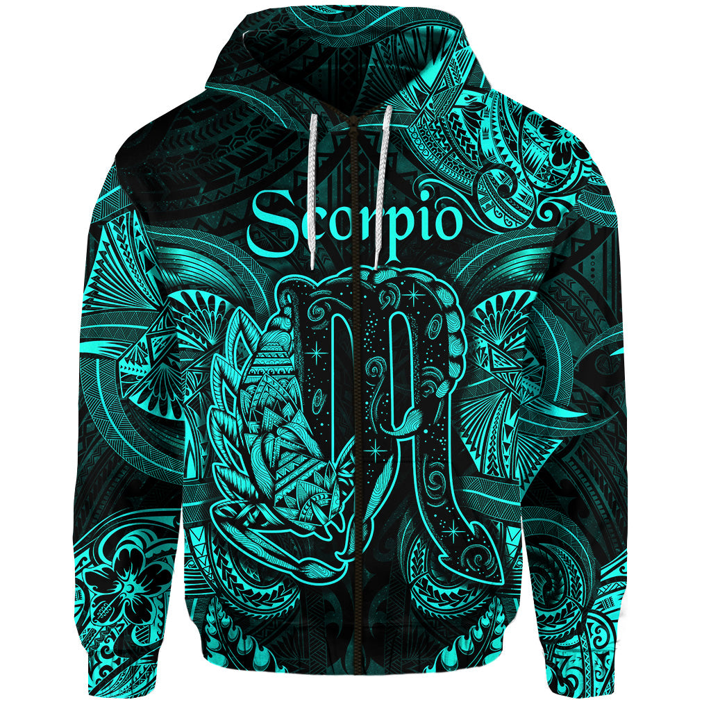 Custom Scorpio Zodiac Polynesian Zip Hoodie Unique Style Turquoise LT8 - Polynesian Pride