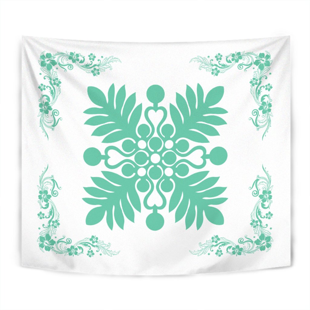 Hawaiian Quilt Maui Plant And Hibiscus Tappestry - Seafoarm White - AH Wall Tapestry Seafoarm - Polynesian Pride