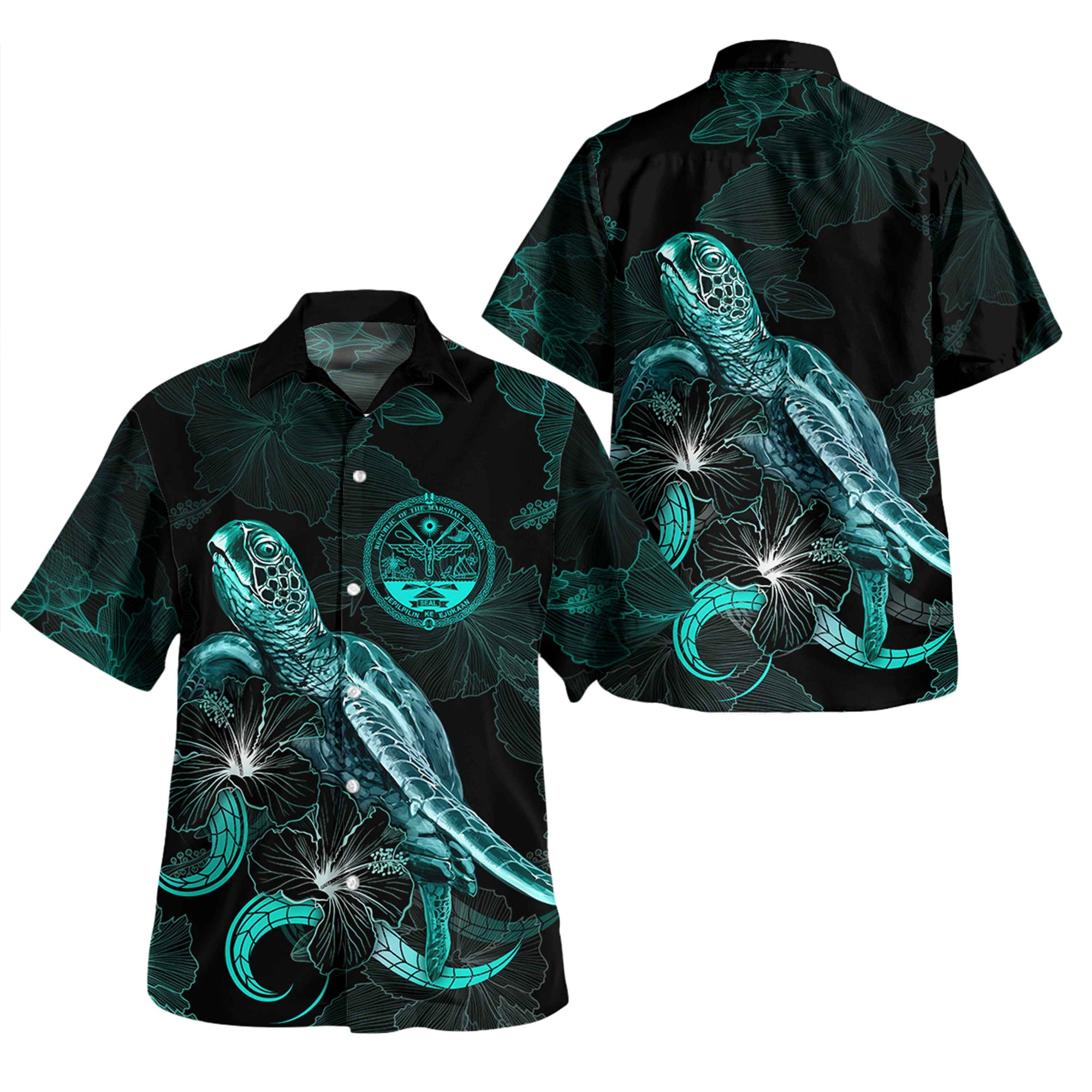 Marshall Islands Short Sleeve Shirt - Custom Marshall Islands Coat Of Arms With Polynesian Turtle Blooming Hibiscus Turquoise Unisex Turquoise - Polynesian Pride