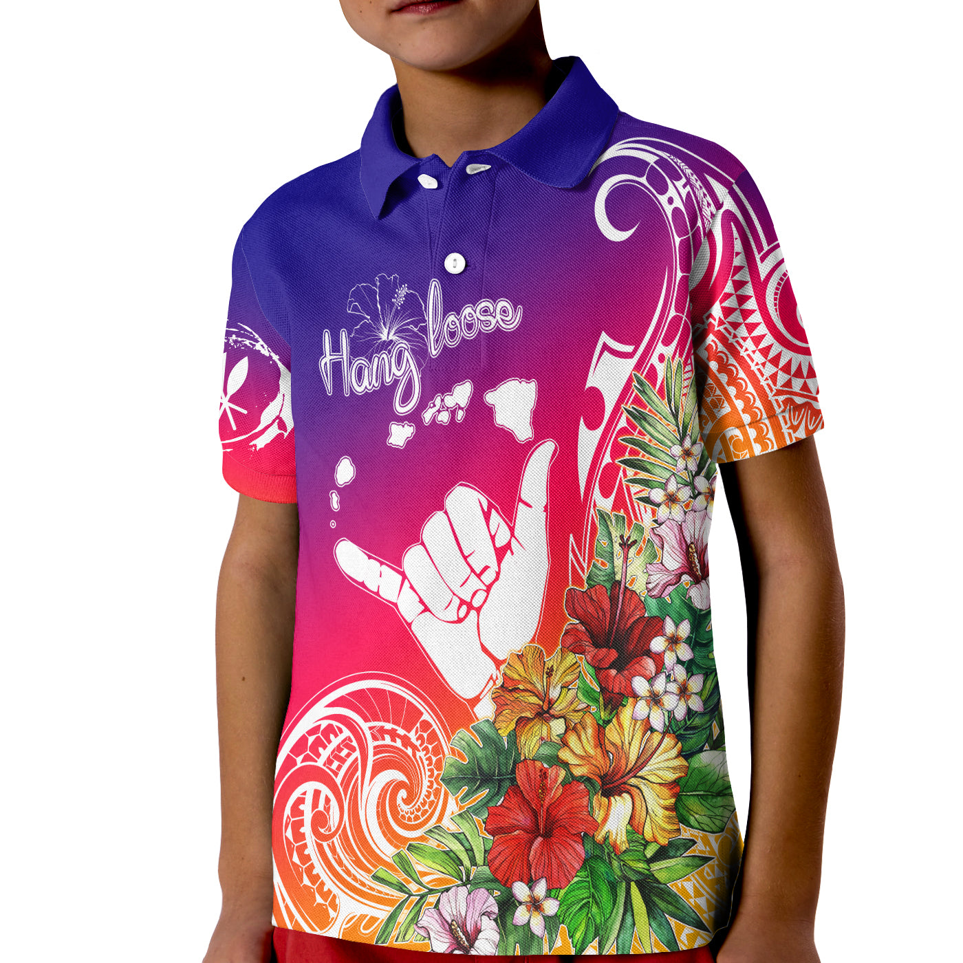 Hawaii Sunset with Hibiscus KID Polo Shirt Shaka Hang Loose LT7 Unisex Art - Polynesian Pride