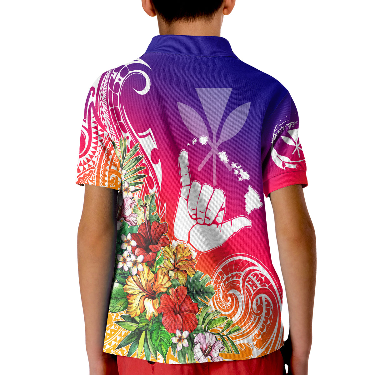 Hawaii Sunset with Hibiscus KID Polo Shirt Shaka Hang Loose LT7 - Polynesian Pride