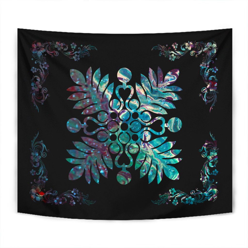 Hawaiian Quilt Maui Plant And Hibiscus Tappestry - Shell Black - AH Wall Tapestry Shell - Polynesian Pride