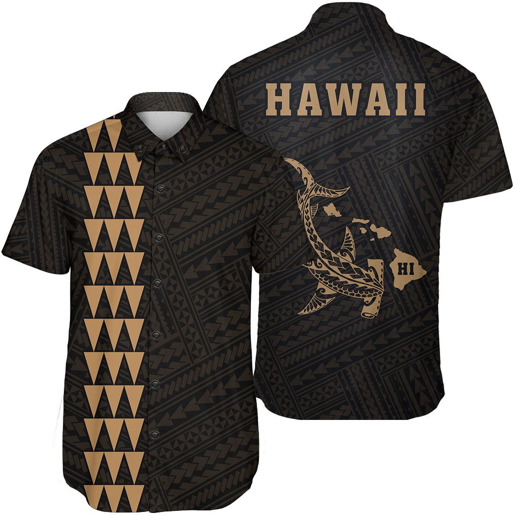 Hawaii Kakau Polynesian Hammerhead Shark Short Sleeve Shirt - Gold Unisex Gold - Polynesian Pride