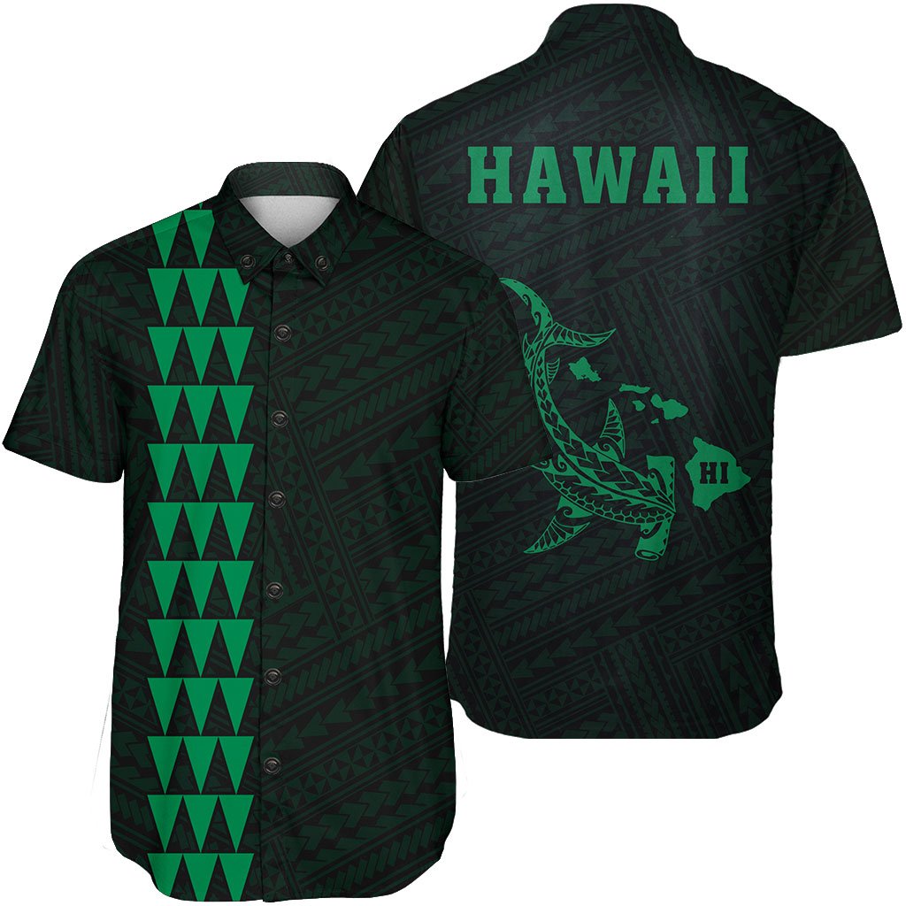 Hawaii Kakau Polynesian Hammerhead Shark Short Sleeve Shirt - Green Unisex Green - Polynesian Pride