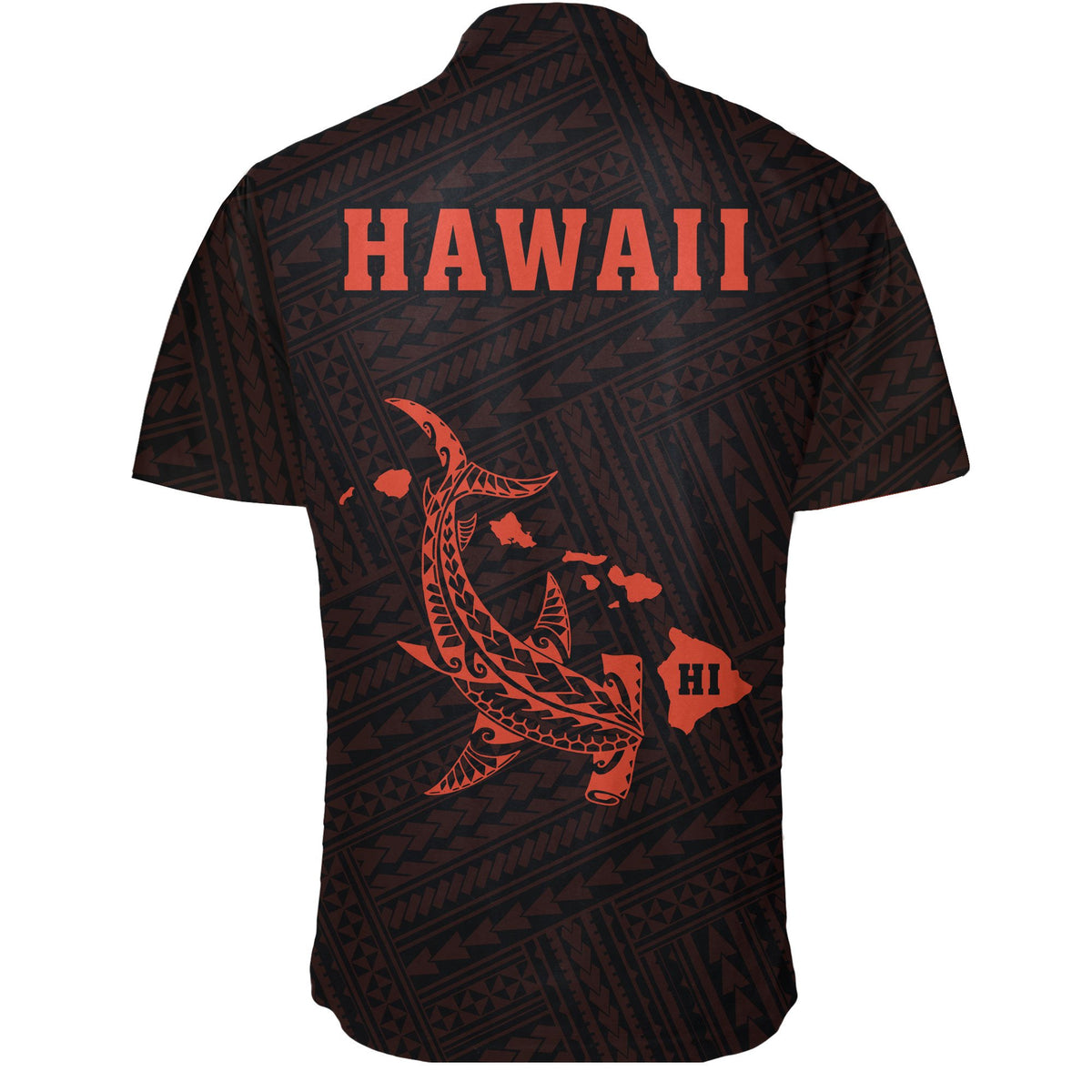 Hawaii Kakau Polynesian Hammerhead Shark Short Sleeve Shirt - Orange - Polynesian Pride