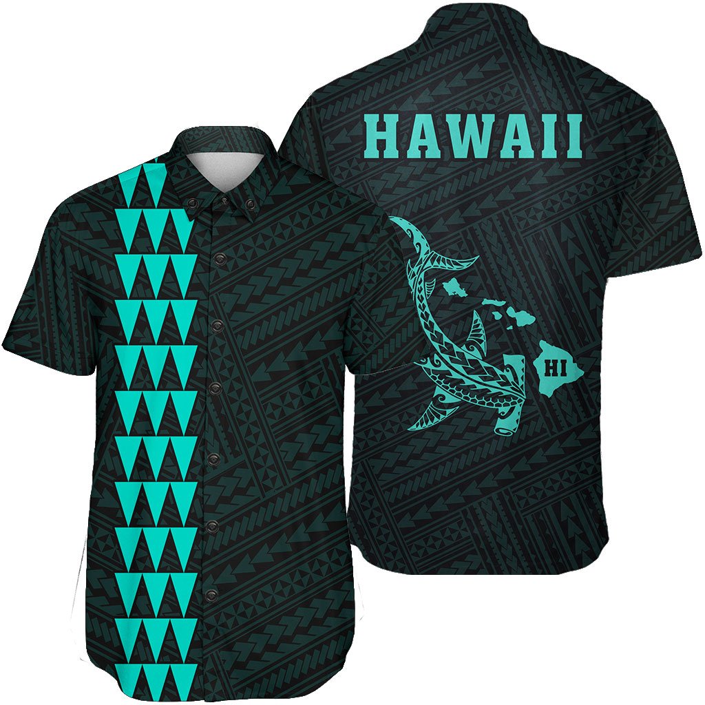 Hawaii Kakau Polynesian Hammerhead Shark Short Sleeve Shirt - Turquoise Unisex Turquosie - Polynesian Pride