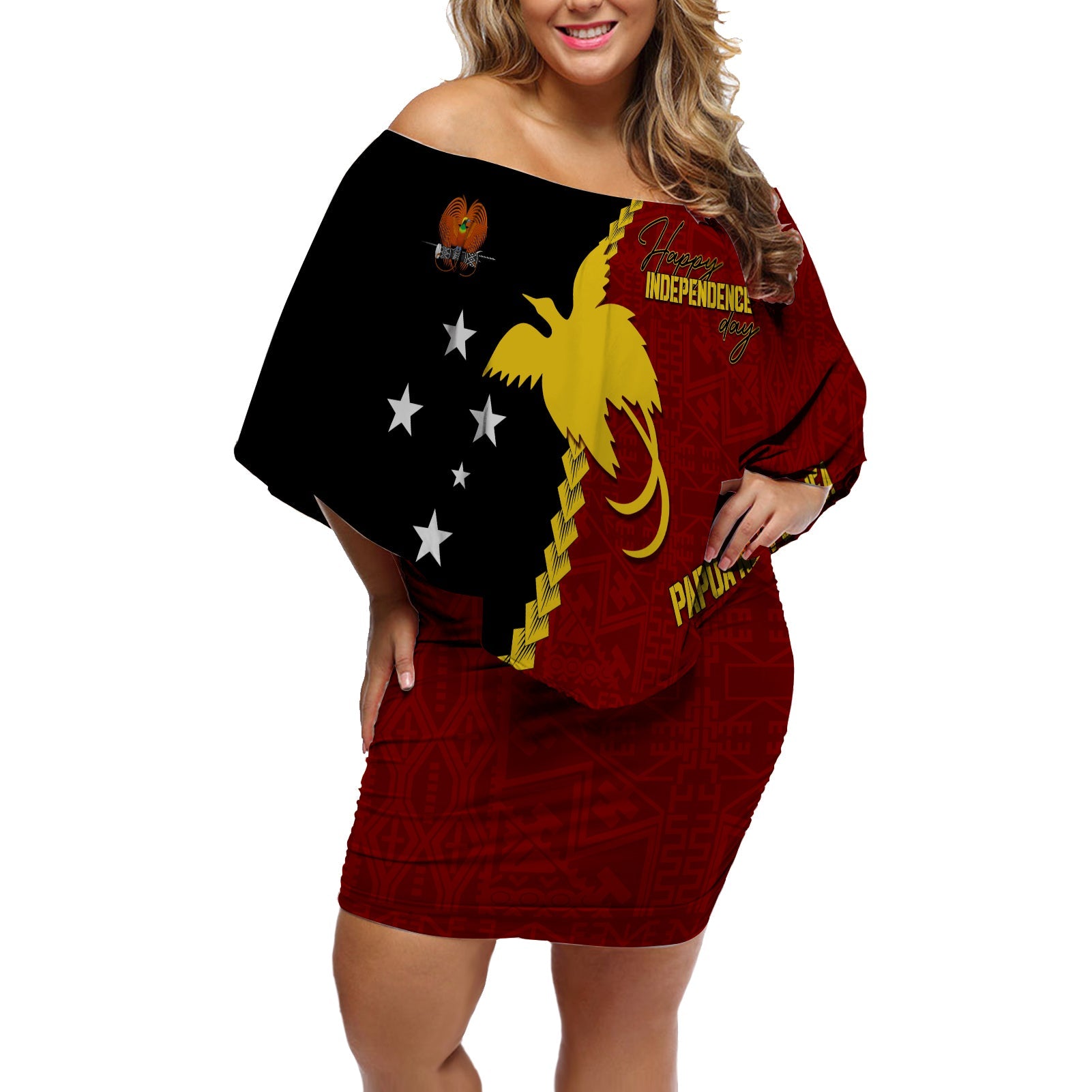 Papua New Guinea Off Shoulder Short Dress 47th Independence Anniversary - Motu Revareva LT7 Women Red - Polynesian Pride