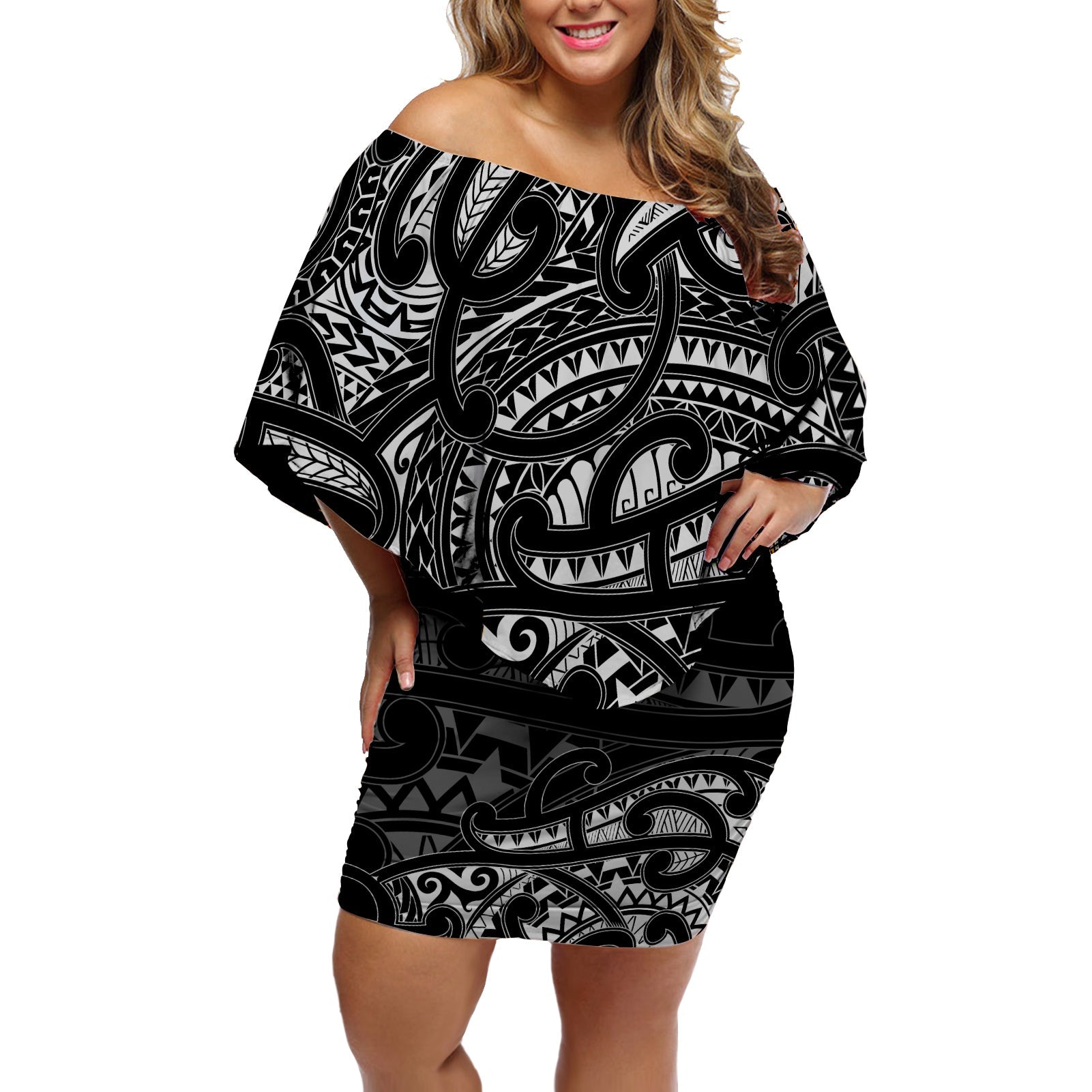 Maori Off Shoulder Short Dress Moko Curve Simple Style LT7 Women Black - Polynesian Pride