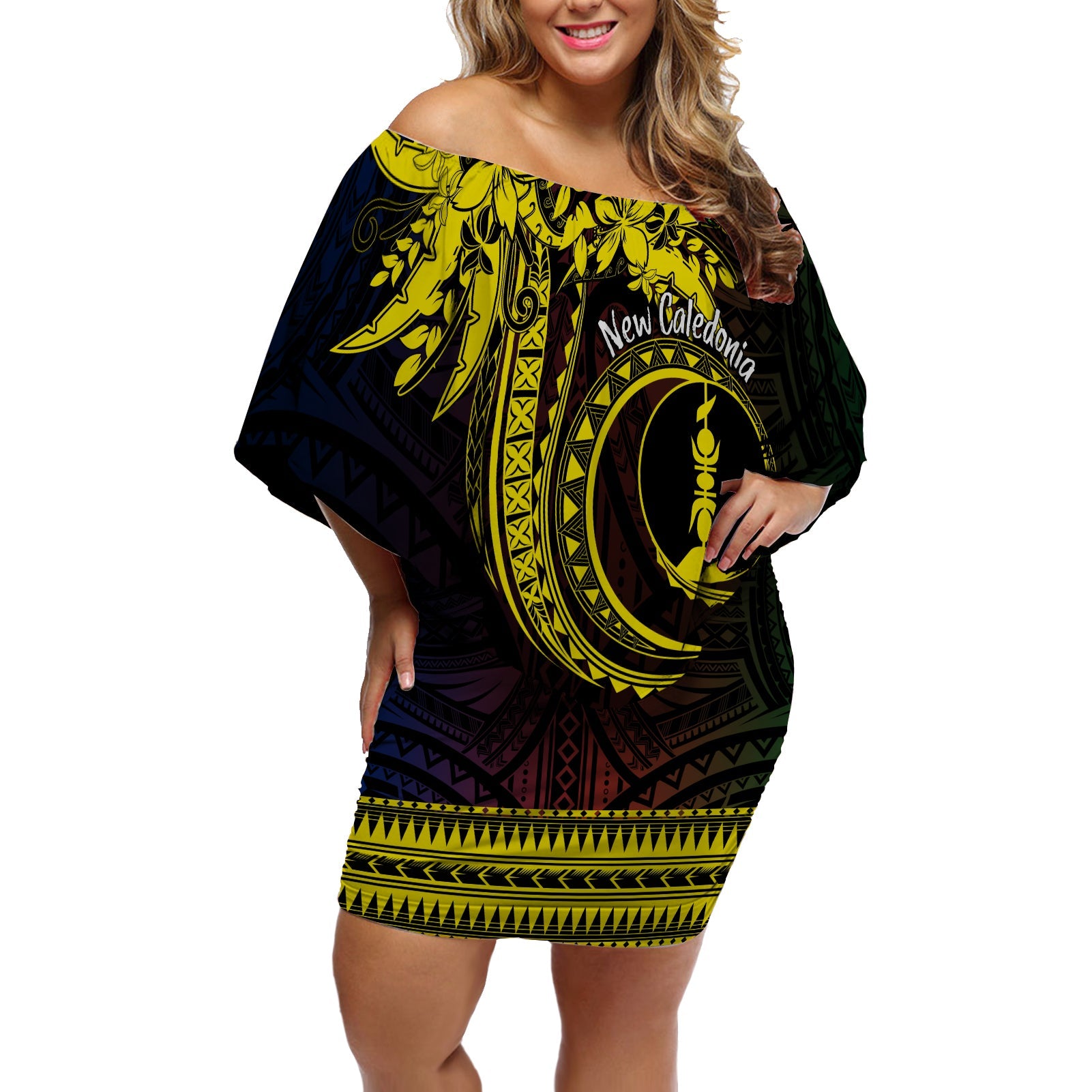 New Caledonia Personalised Off Shoulder Short Dress Kanaky Mix Plumeria LT7 Women Black - Polynesian Pride