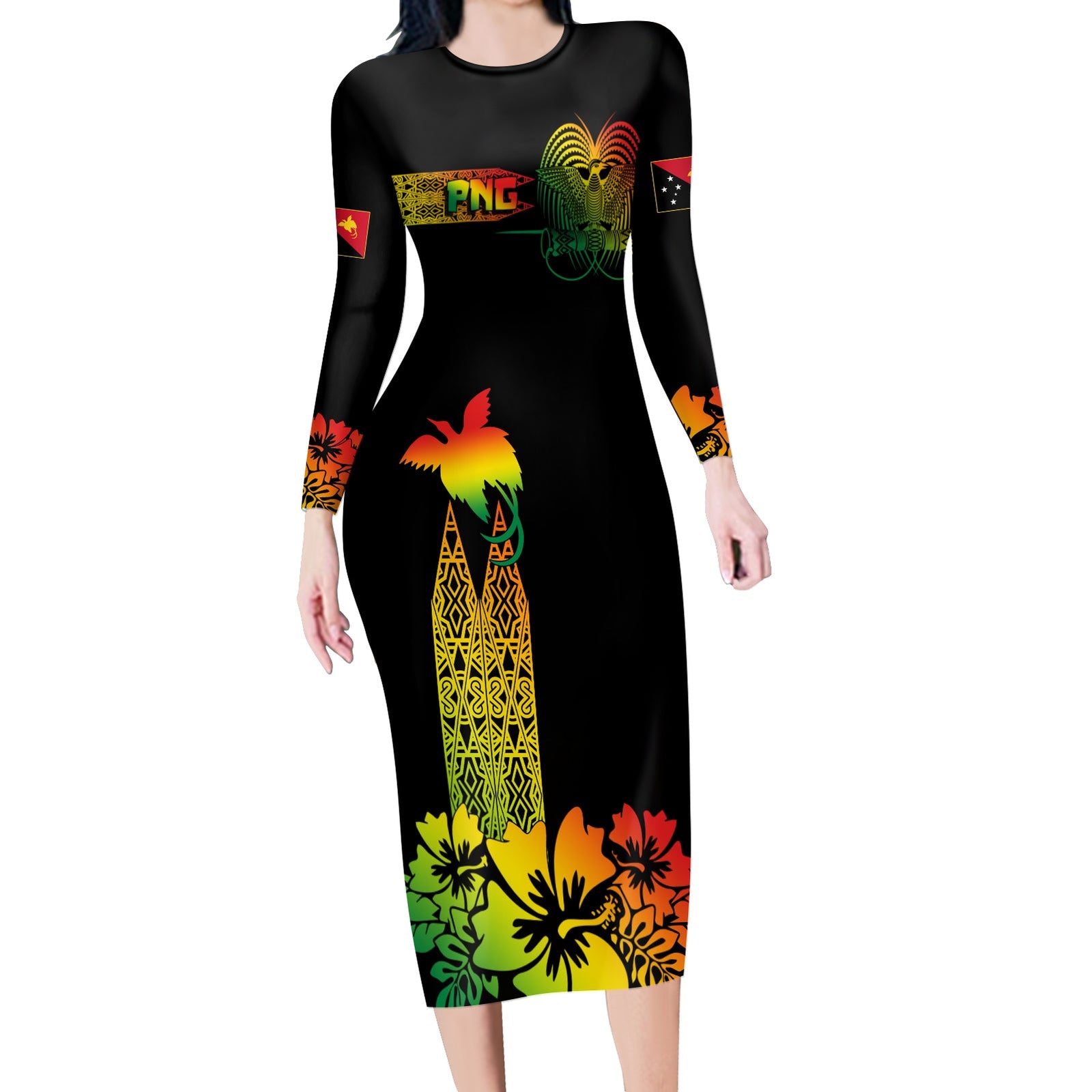 PNG Hibiscus Tribal Pattern Long Sleeves Dress Motuan Reggae Color LT7 Women Reggae - Polynesian Pride