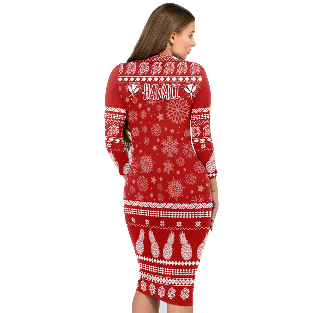 Hawaii Christmas Long Sleeves Body Dress Mele Kalikimaka - Pineapple LT7 - Polynesian Pride