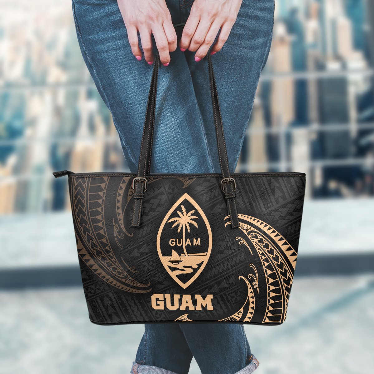 Guam Polynesian Leather Tote Bag - Gold Tribal Wave - Polynesian Pride