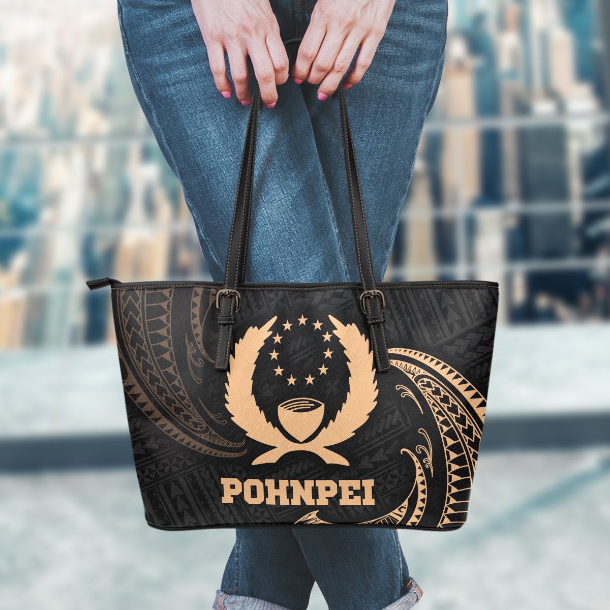Pohnpei Micronesia Leather Tote Bag - Gold Tribal Wave - Polynesian Pride