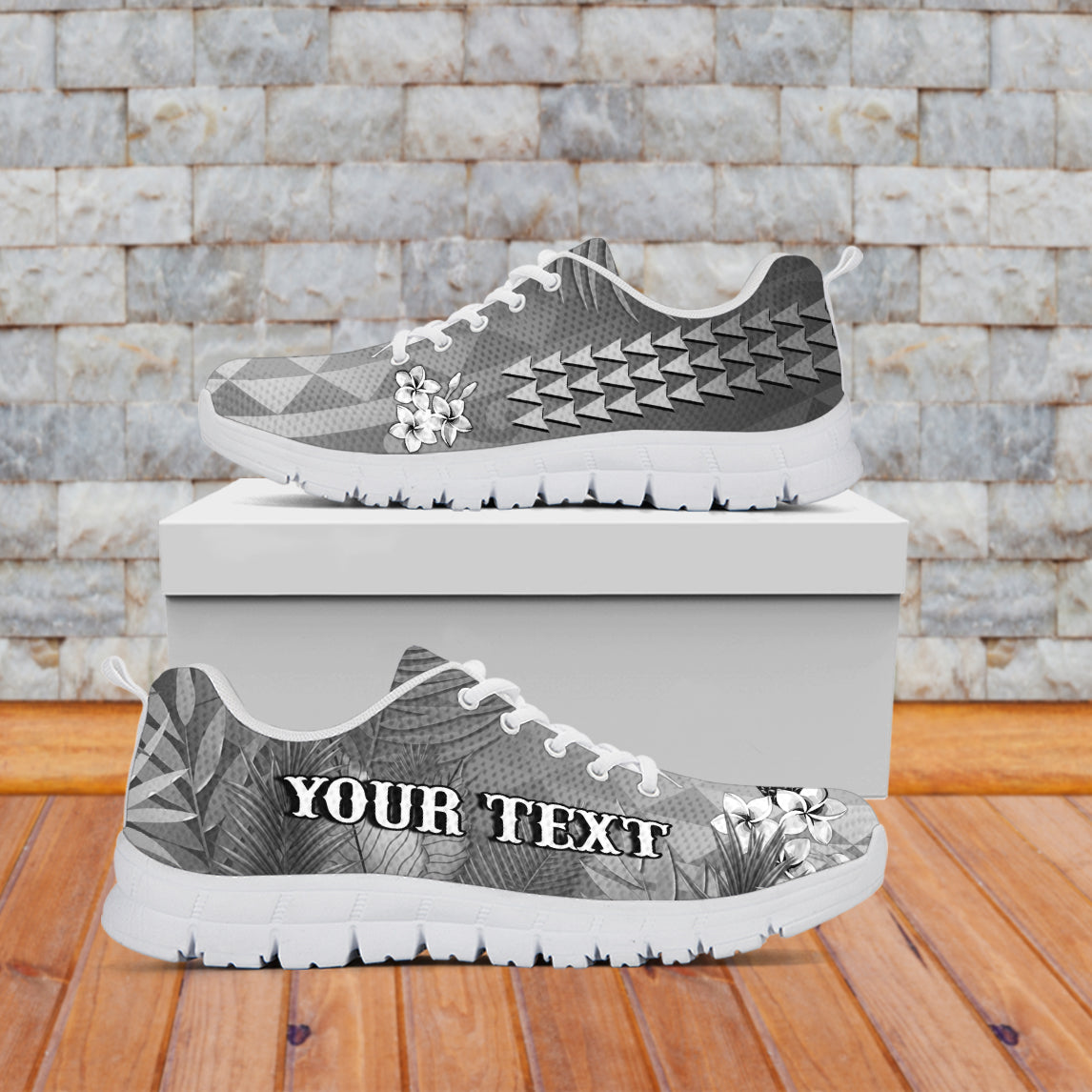 (Custom Personalised) Hawaii Pineapple Sneakers Gray Plumeria Frangipani Mix Tribal Pattern LT13 - Polynesian Pride