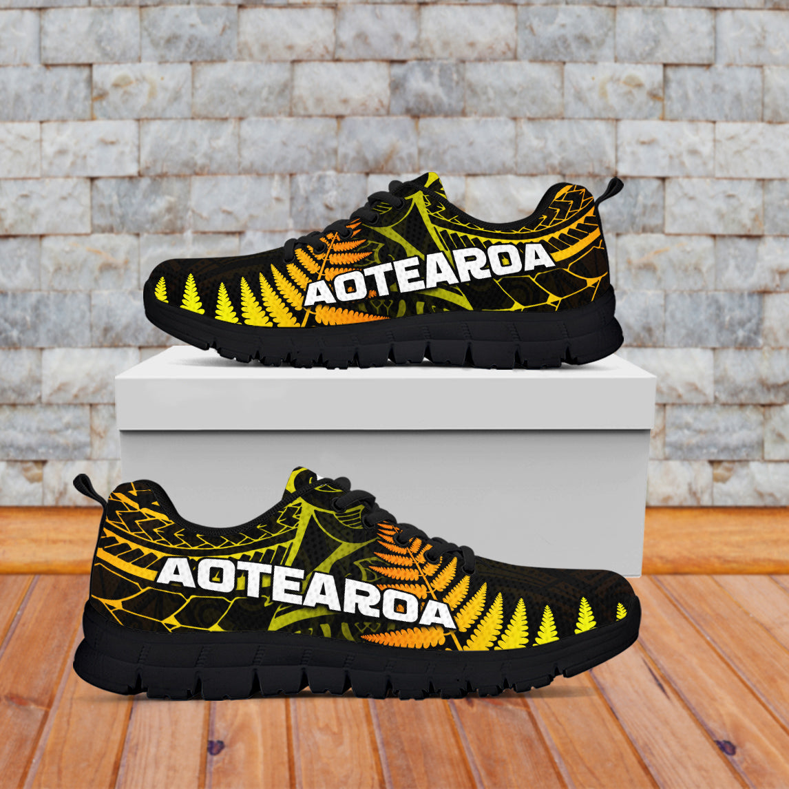 Aotearoa Fern Sneakers New Zealand Hei Tiki Gold Style LT13 Black - Polynesian Pride