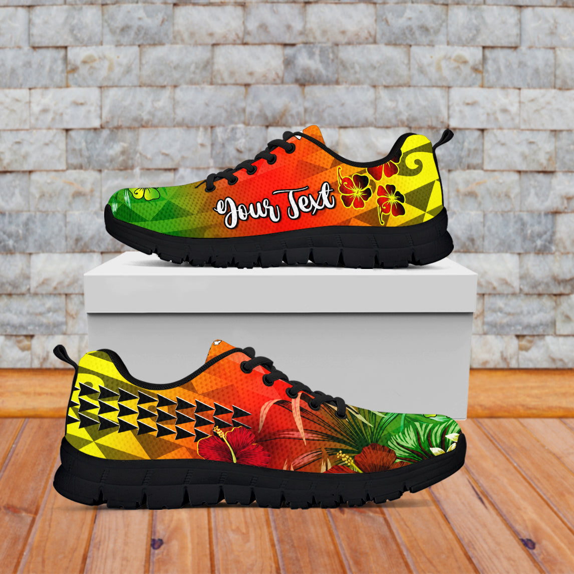 (Custom Personalised) Hawaii Flowers Sneakers Color Tribal Pattern Hawaiian LT13 Black - Polynesian Pride