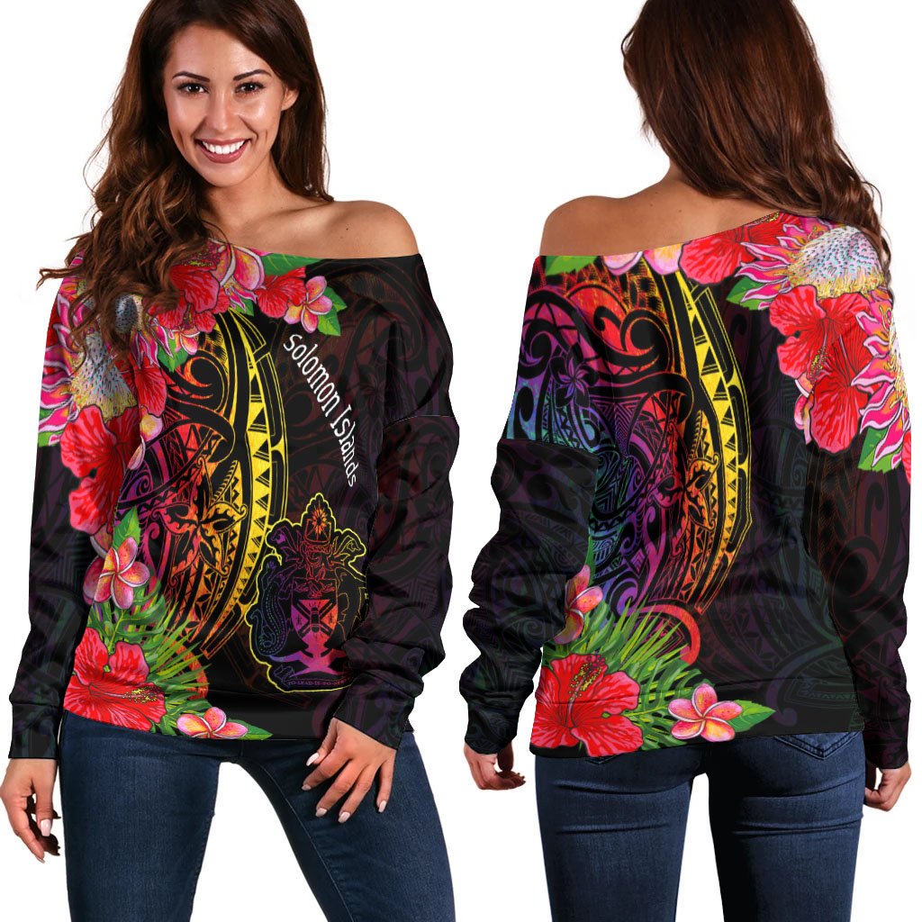 Solomon Islands Women's Off Shoulder Sweater - Tropical Hippie Style Black - Polynesian Pride