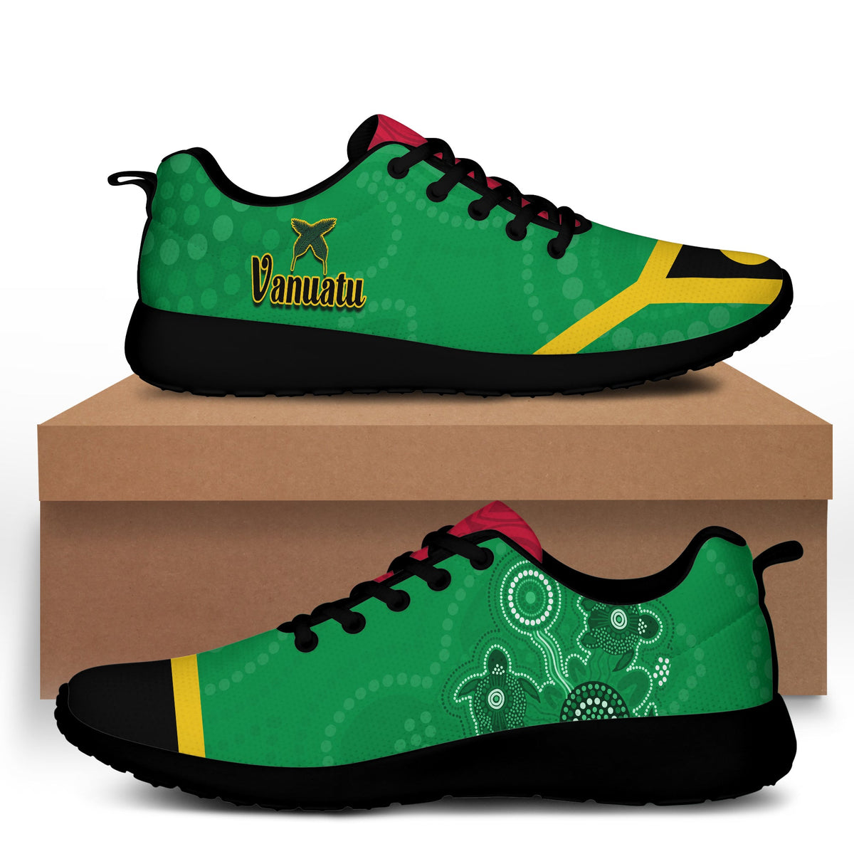 Vanuatu Sporty Sneakers Aboriginal Turtle Mix Sand Drawing LT13 Black - Polynesian Pride