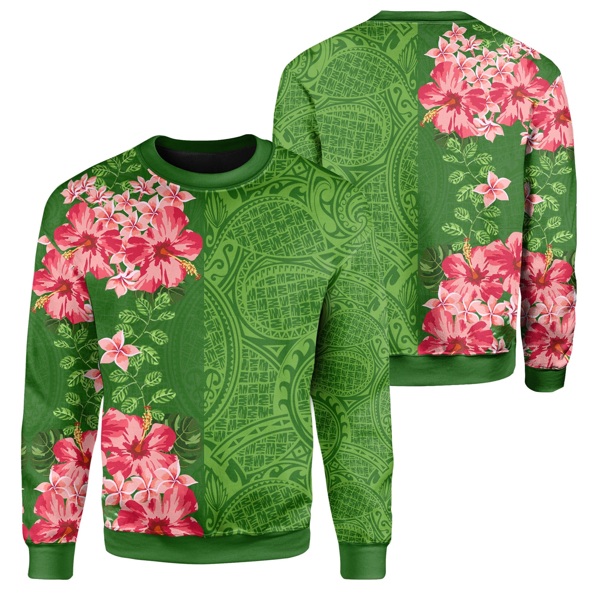 Hawaii Tropical Flower Polynesian Sweatshirt - Curtis Style - Green Unisex Green - Polynesian Pride