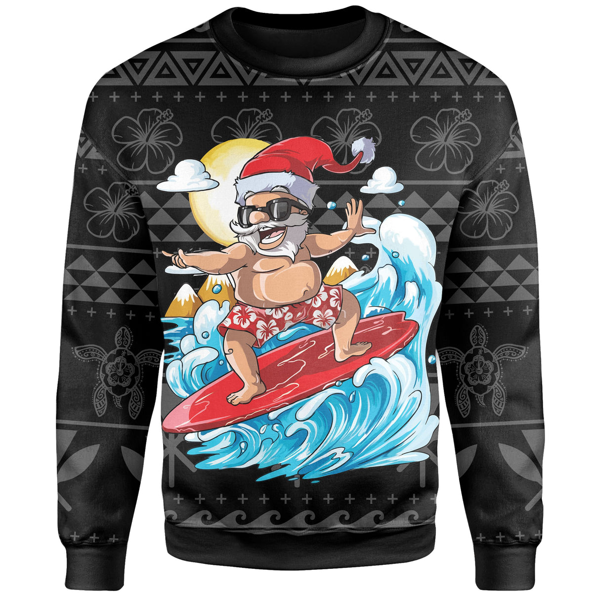 Hawaii Santa Surf Polynesian Gray Christmas Sweatshirt - Polynesian Pride