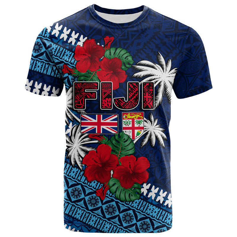 Custom Fiji Patterns With Hibiscus T Shirt LT6 Blue - Polynesian Pride