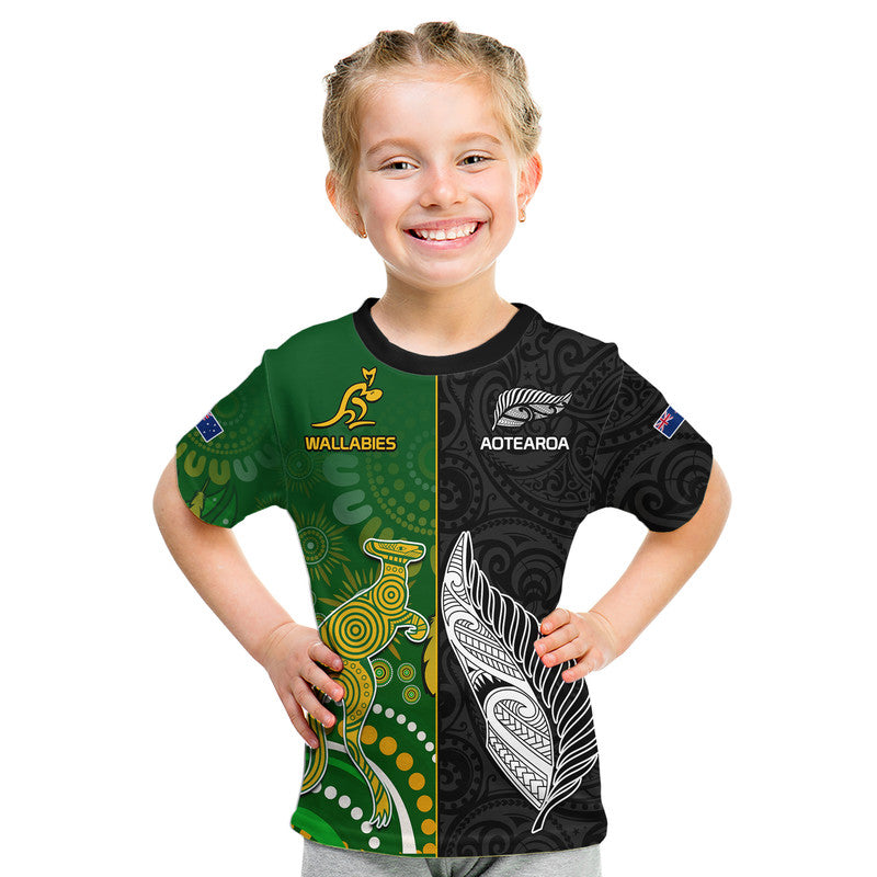 Aotearoa Rugby All Black Combine Australia Wallabies Kid T Shirt Aboriginal Kangaroo And Maori Fern LT9 - Polynesian Pride