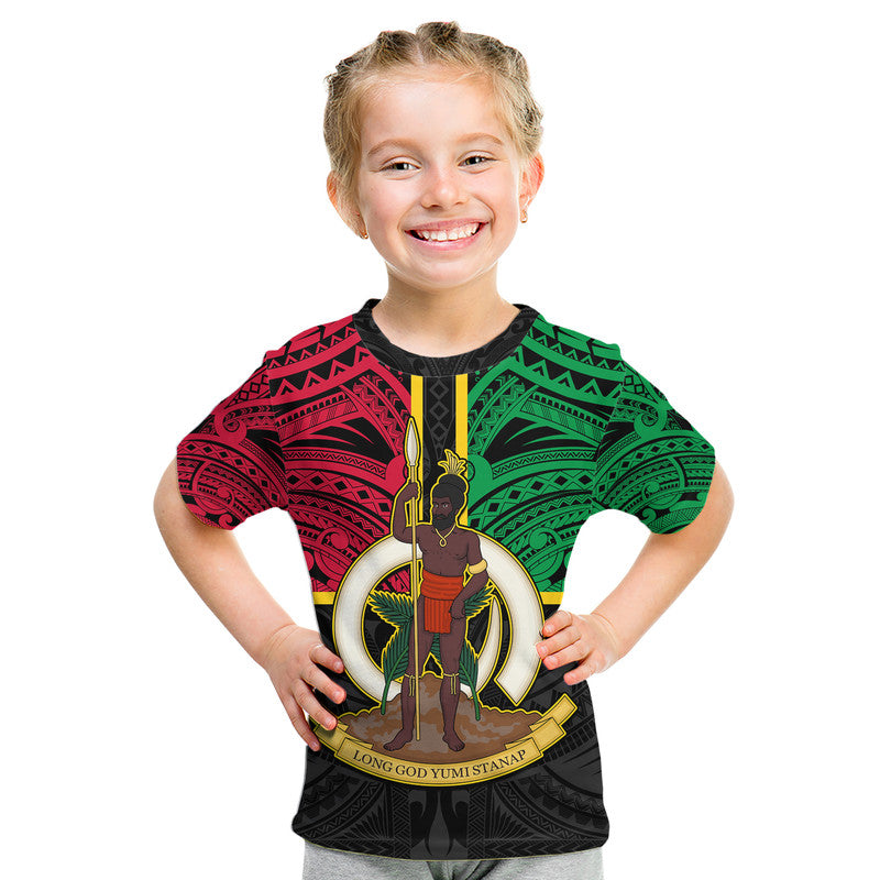 (Custom Personalised) Vanuatu Kid T Shirt Tribal Vanuatu Coat Of Arms Flag Style No2 LT9 Youth XL Size14 - Polynesian Pride