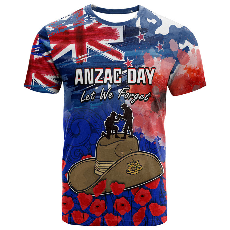 Custom New Zealand ANZAC Day T Shirt Grunge Aotearoa Flag and Red Poppy LT9 Blue - Polynesian Pride