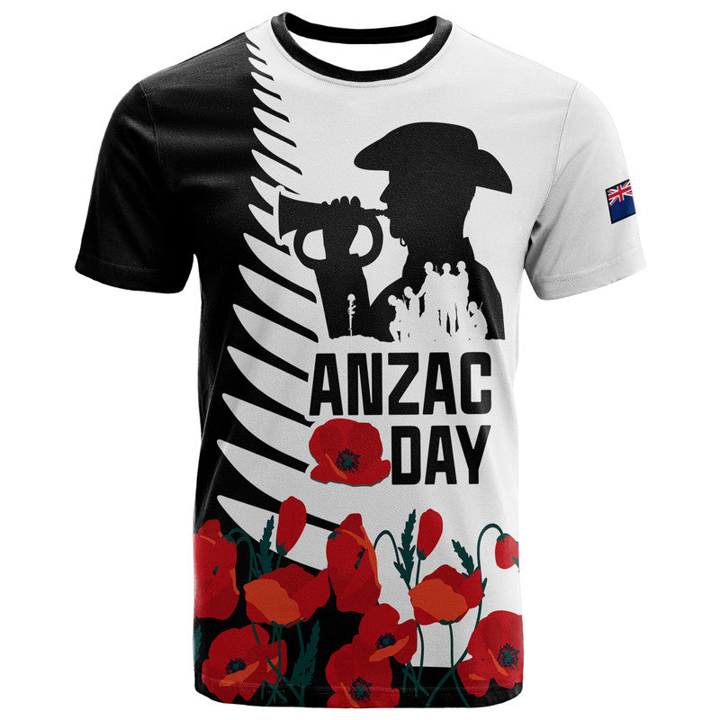 New Zealand ANZAC Day T Shirt Military Silver Ferns and Red Poppy LT9 Black - Polynesian Pride