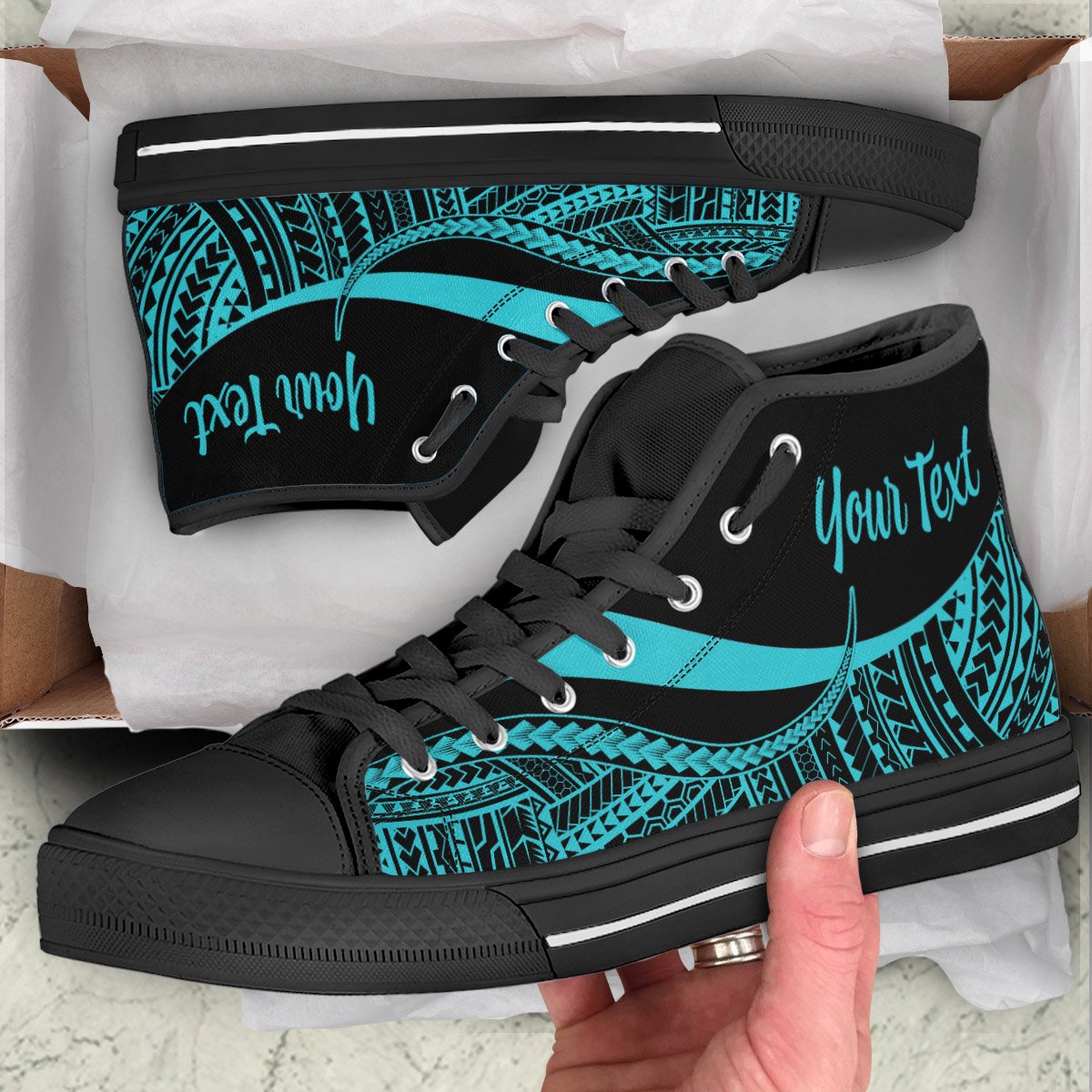 American Samoa Custom Personalised High Top Shoes Turquoise - Polynesian Tentacle Tribal Pattern Unisex Black - Polynesian Pride