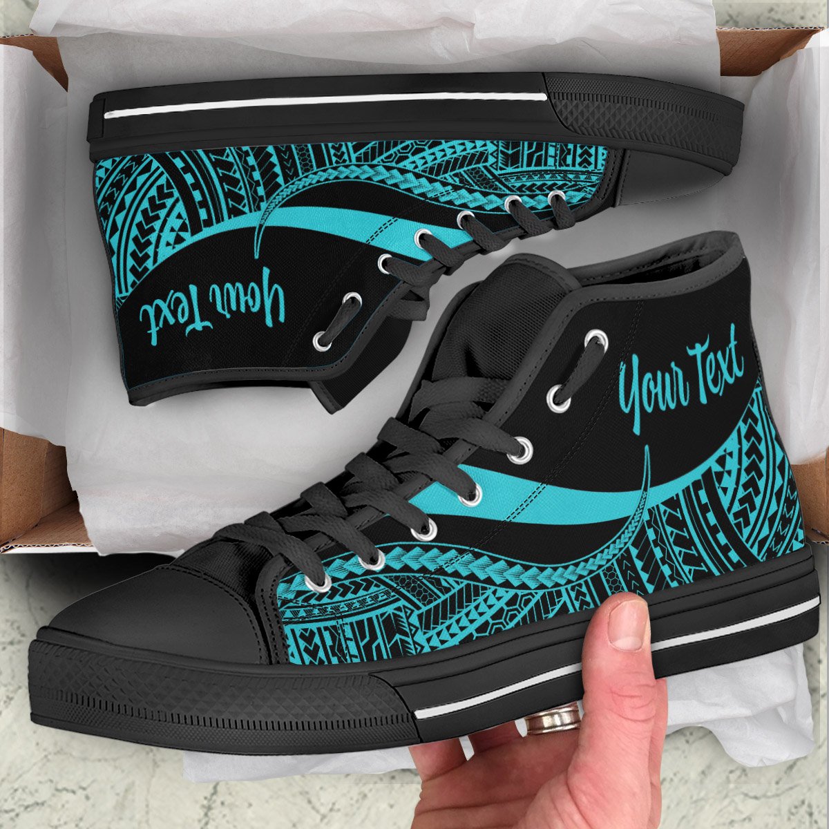 Hawaii Custom Personalised High Top Shoes Turquoise - Polynesian Tentacle Tribal Pattern Unisex Black - Polynesian Pride