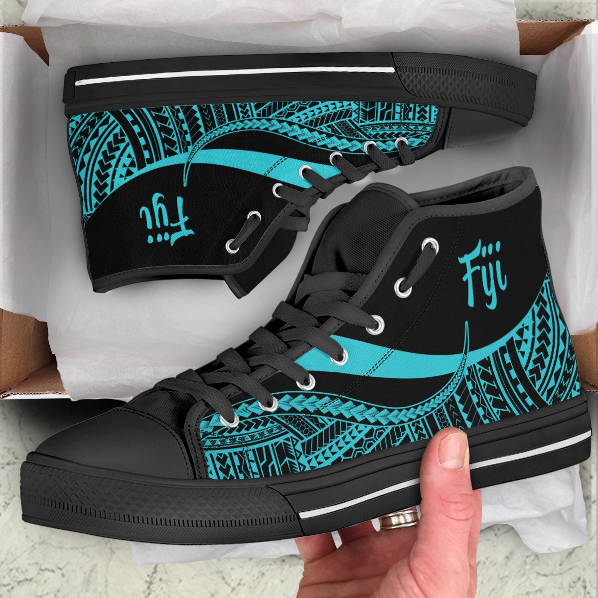 Fiji High Top Shoes Turquoise - Polynesian Tentacle Tribal Pattern Unisex Black - Polynesian Pride