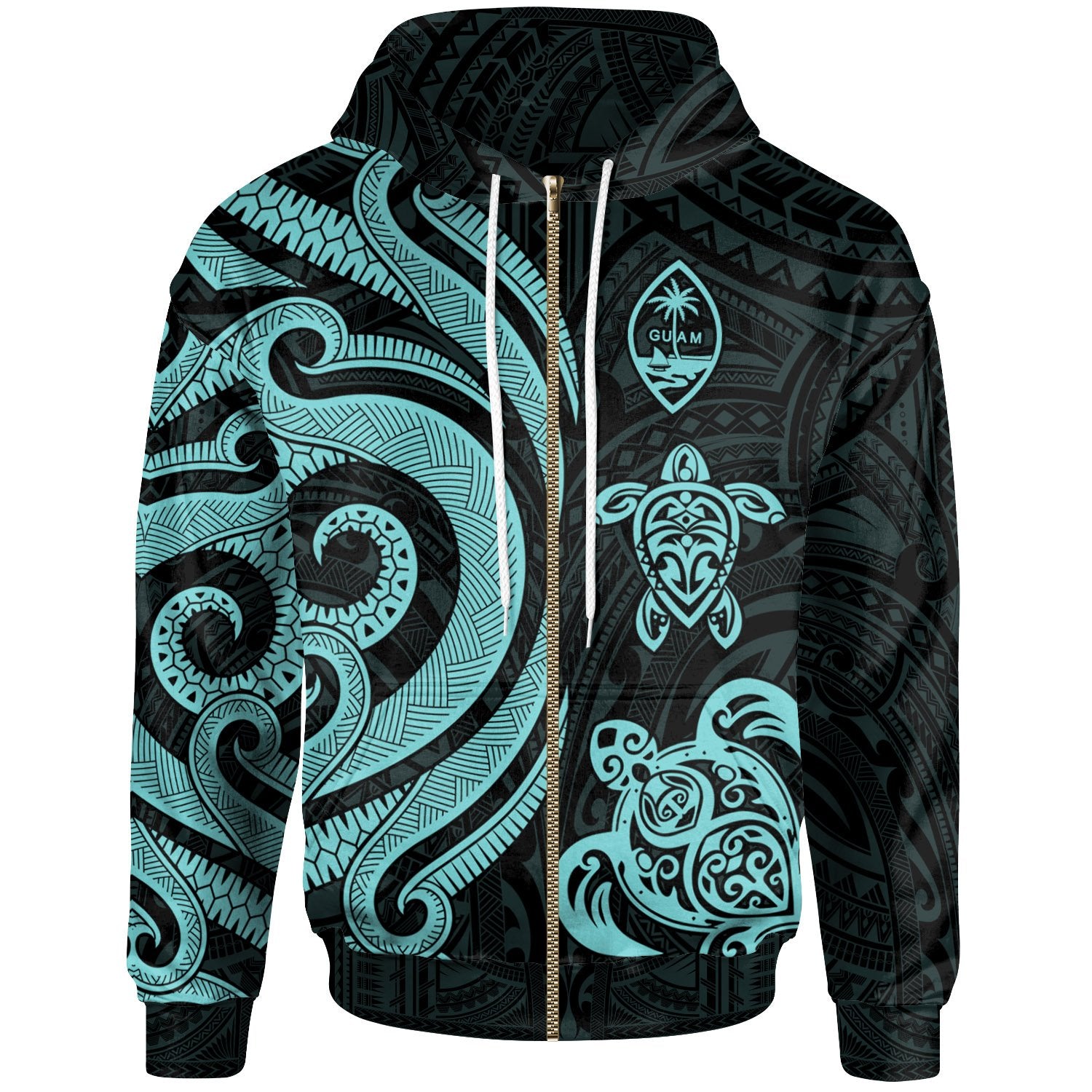 Guam Polynesian Zip up Hoodie Turquoise Tentacle Turtle Unisex Turquoise - Polynesian Pride