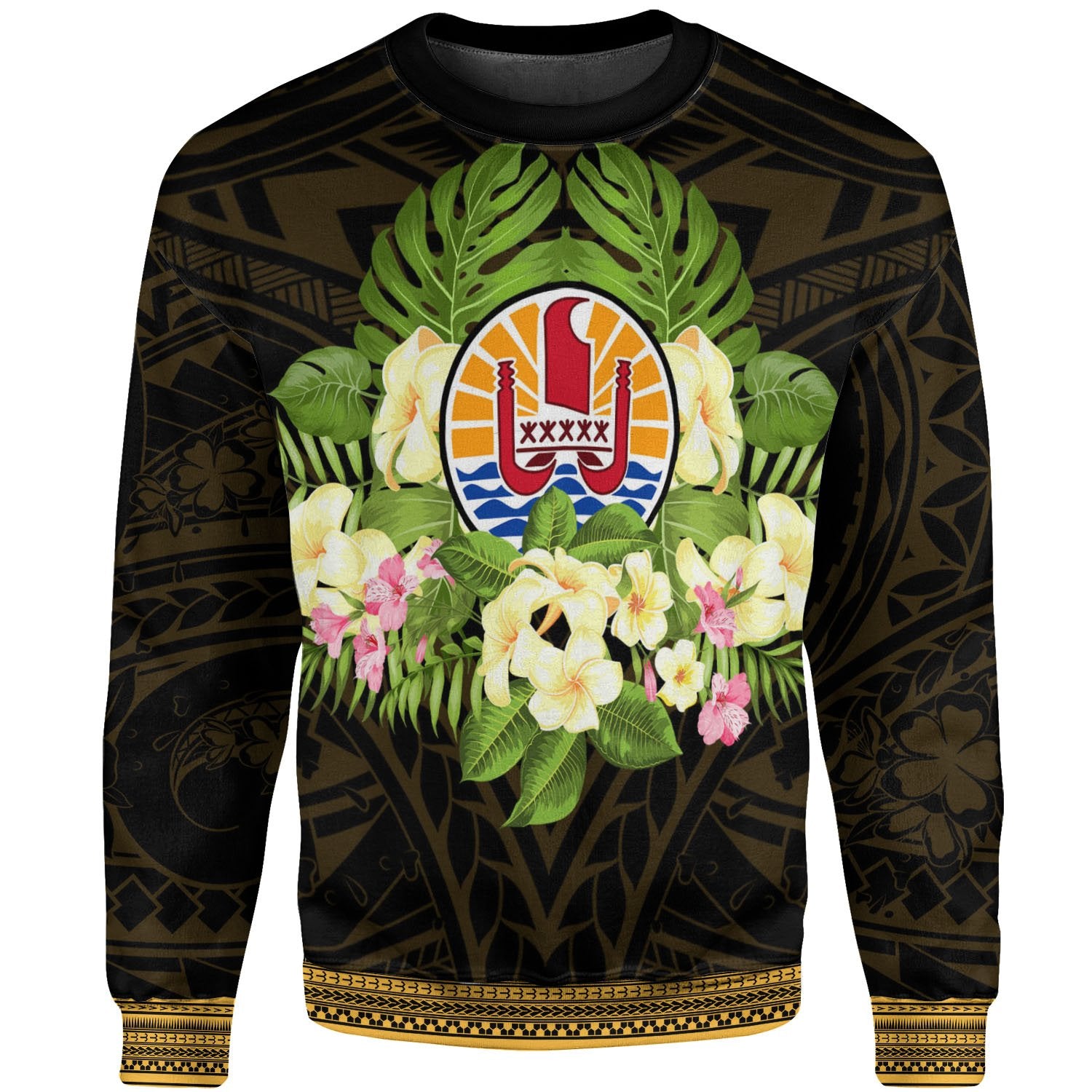 Tahiti Sweatshirt - Polynesian Gold Patterns Collection Unisex Black - Polynesian Pride