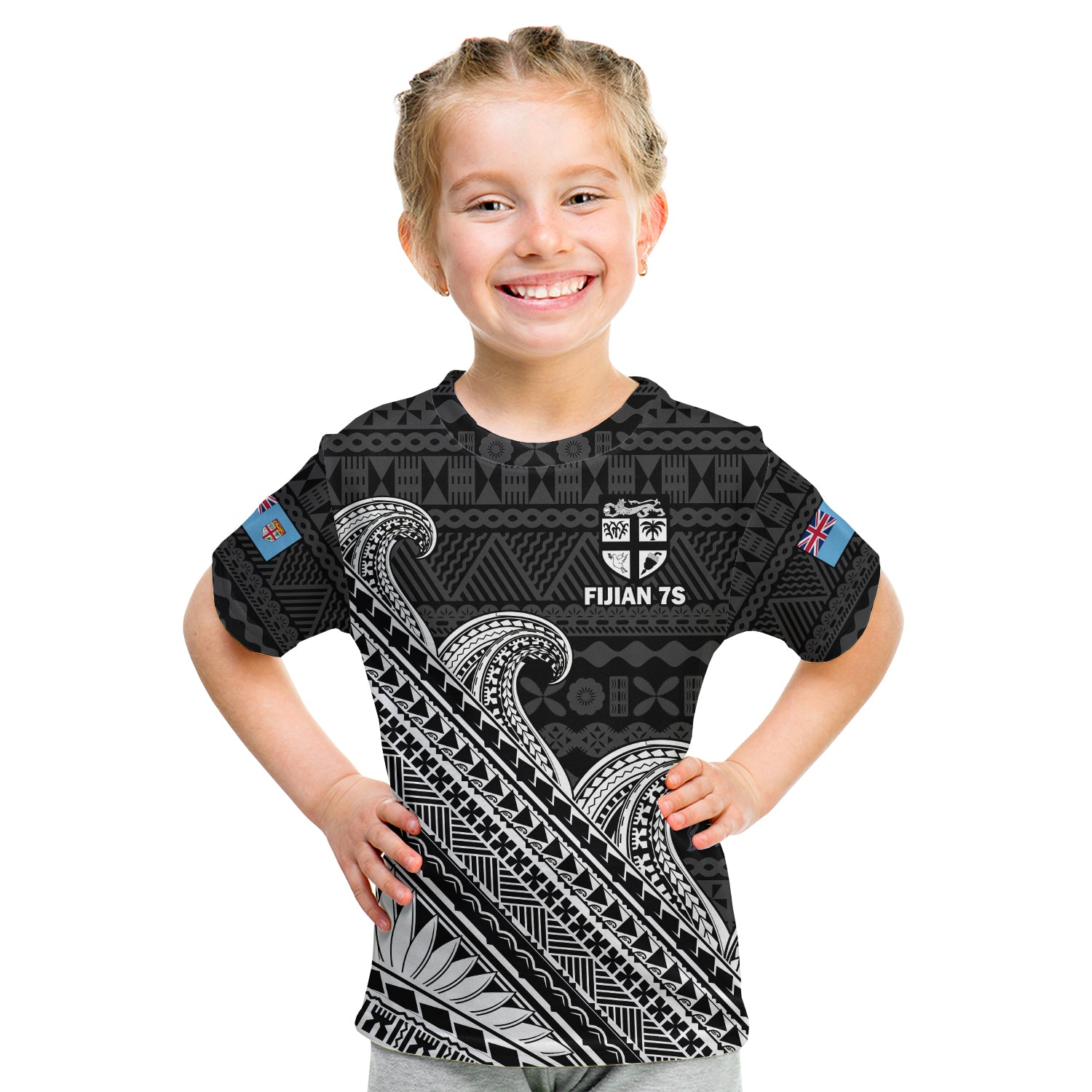 (Custom Text And Number) Fiji Sevens Rugby Fijian 7s Black Tapa Polynesian Art Kid T Shirt LT14 - Polynesian Pride