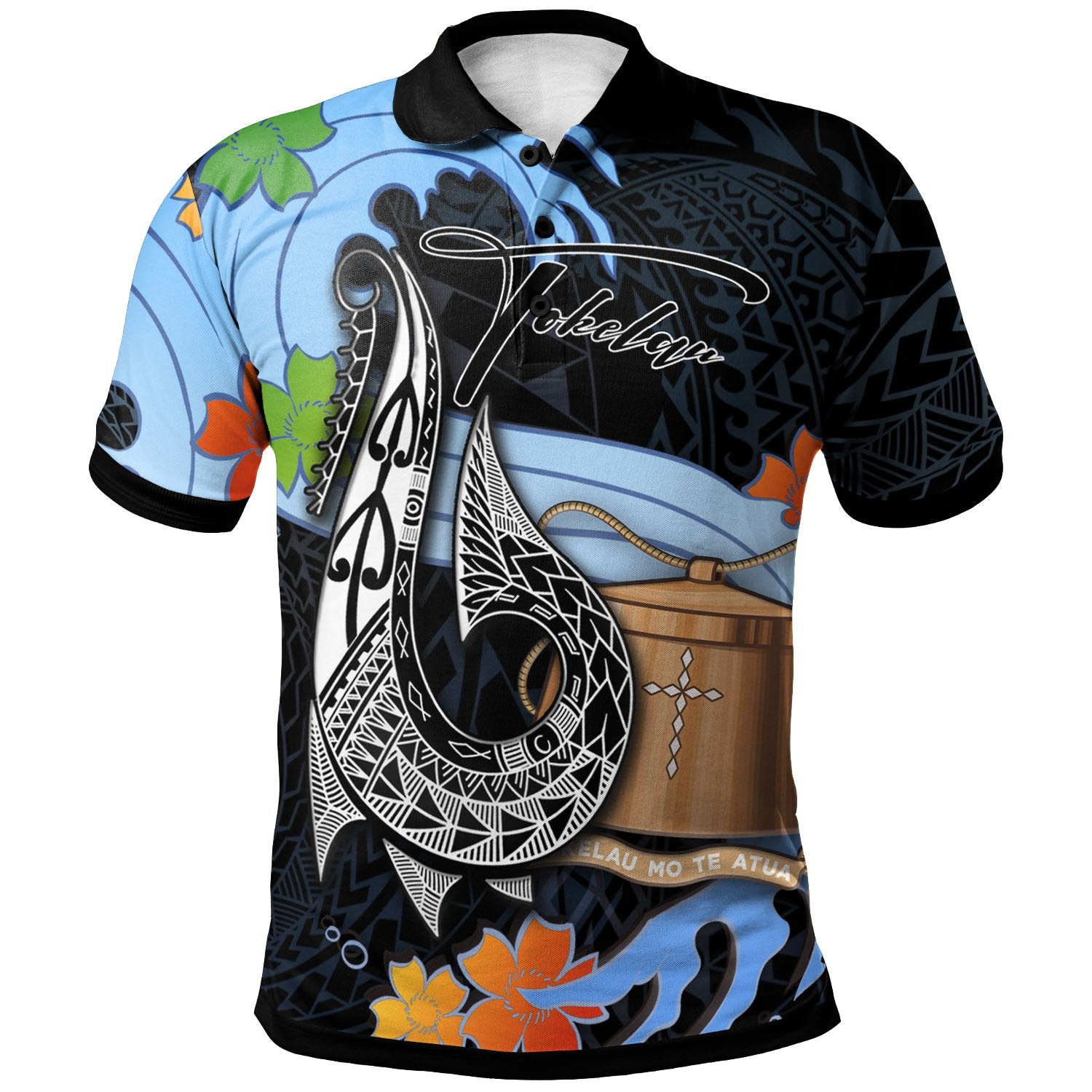 Tokelau Polo Shirt Fish Hooks and Wave Unisex Black - Polynesian Pride