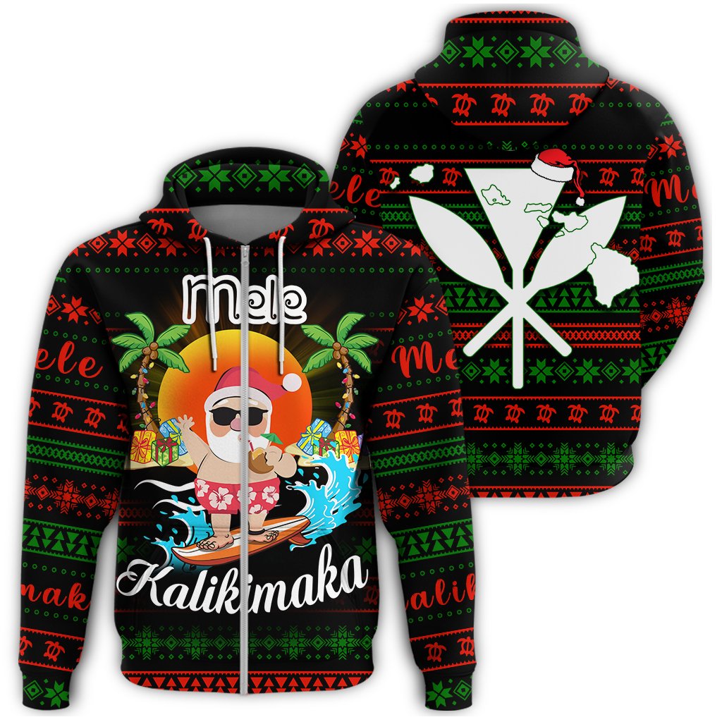 Hawaii Santa Claus Surf Christmas Pattern Zipper Hoodie Tan Style Unisex Black - Polynesian Pride