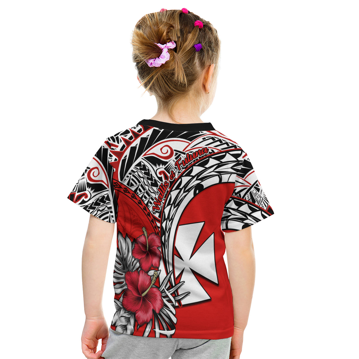 Wallis et Futuna T Shirt KID Polynesian Pattern and Hibiscus Flowers Version Red LT13 - Polynesian Pride