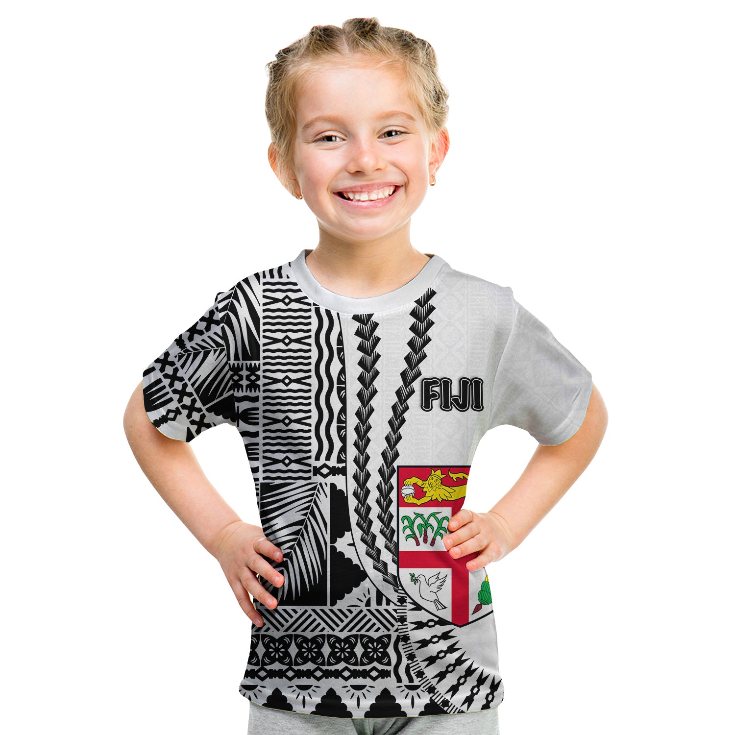 (Custom Personalised) Fiji T Shirt Kid Masi Tapa Patterns White Style LT6 - Polynesian Pride