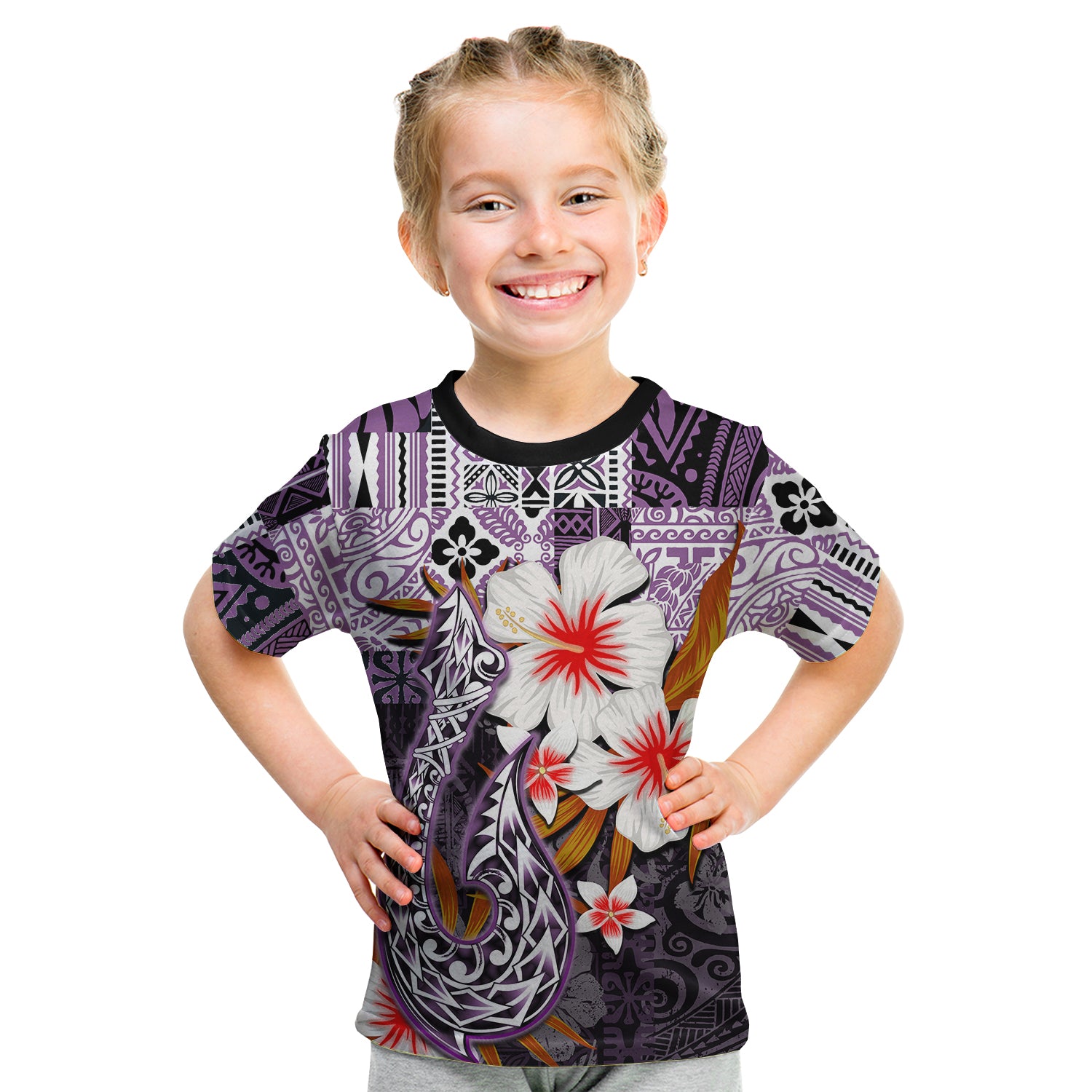 (Custom Personalised) Hawaii Fish Hook T Shirt Kid Purple Style LT6 - Polynesian Pride