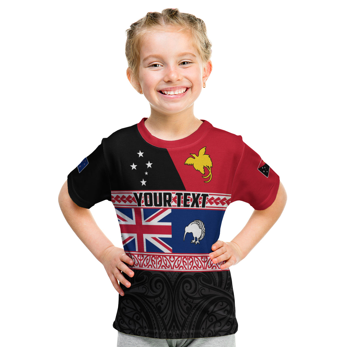 (Custom Personalised) Papua New Guinea and New Zealand T Shirt KID Maori PNG and NZ LT13 Youth XL Size14 - Polynesian Pride