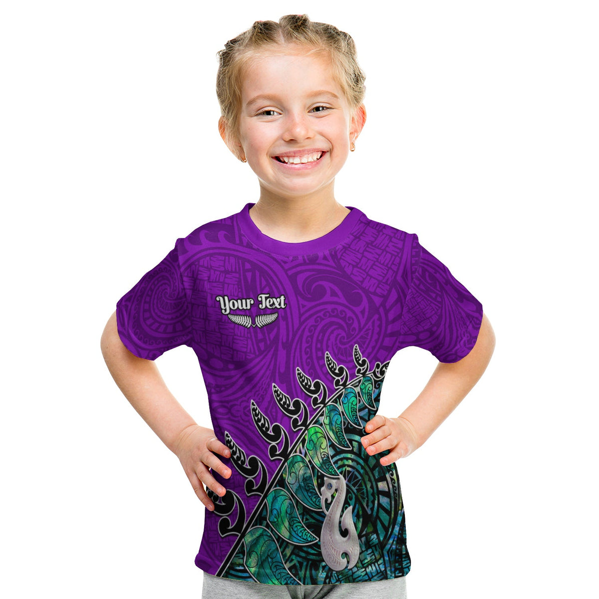 (Custom Personalised) New Zealand Maori T Shirt KID Fern and Manaia Version Purple LT13 Youth XL Size14 - Polynesian Pride
