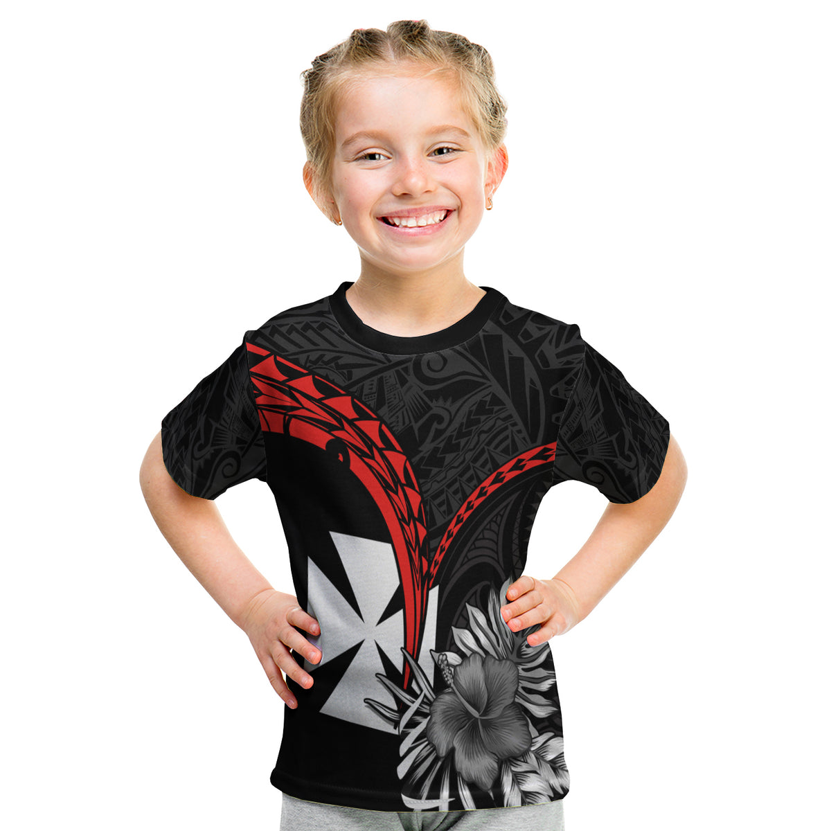 Wallis et Futuna T Shirt KID Polynesian Pattern and Hibiscus Flowers Version Black LT13 Black - Polynesian Pride