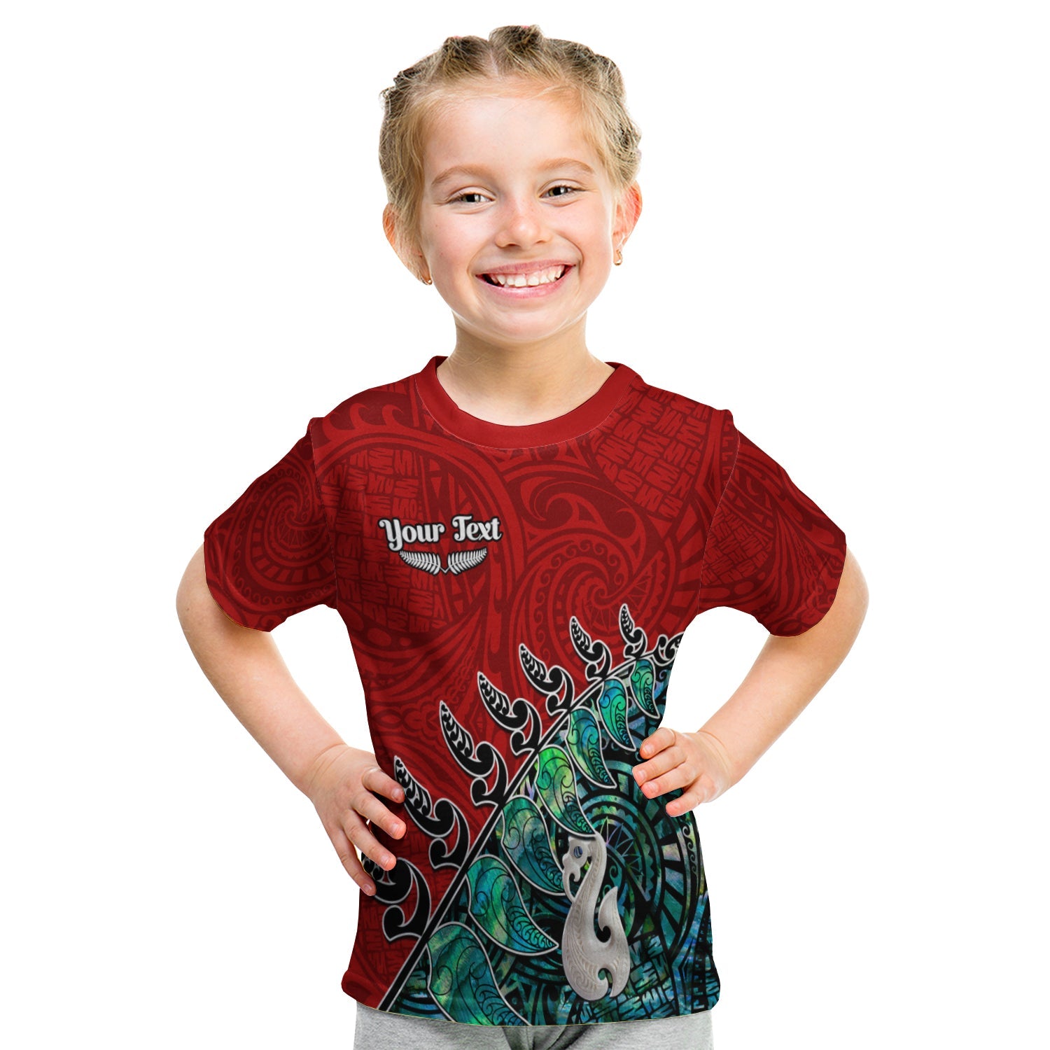 (Custom Personalised) New Zealand Maori T Shirt KID Fern and Manaia Version Red LT13 - Polynesian Pride