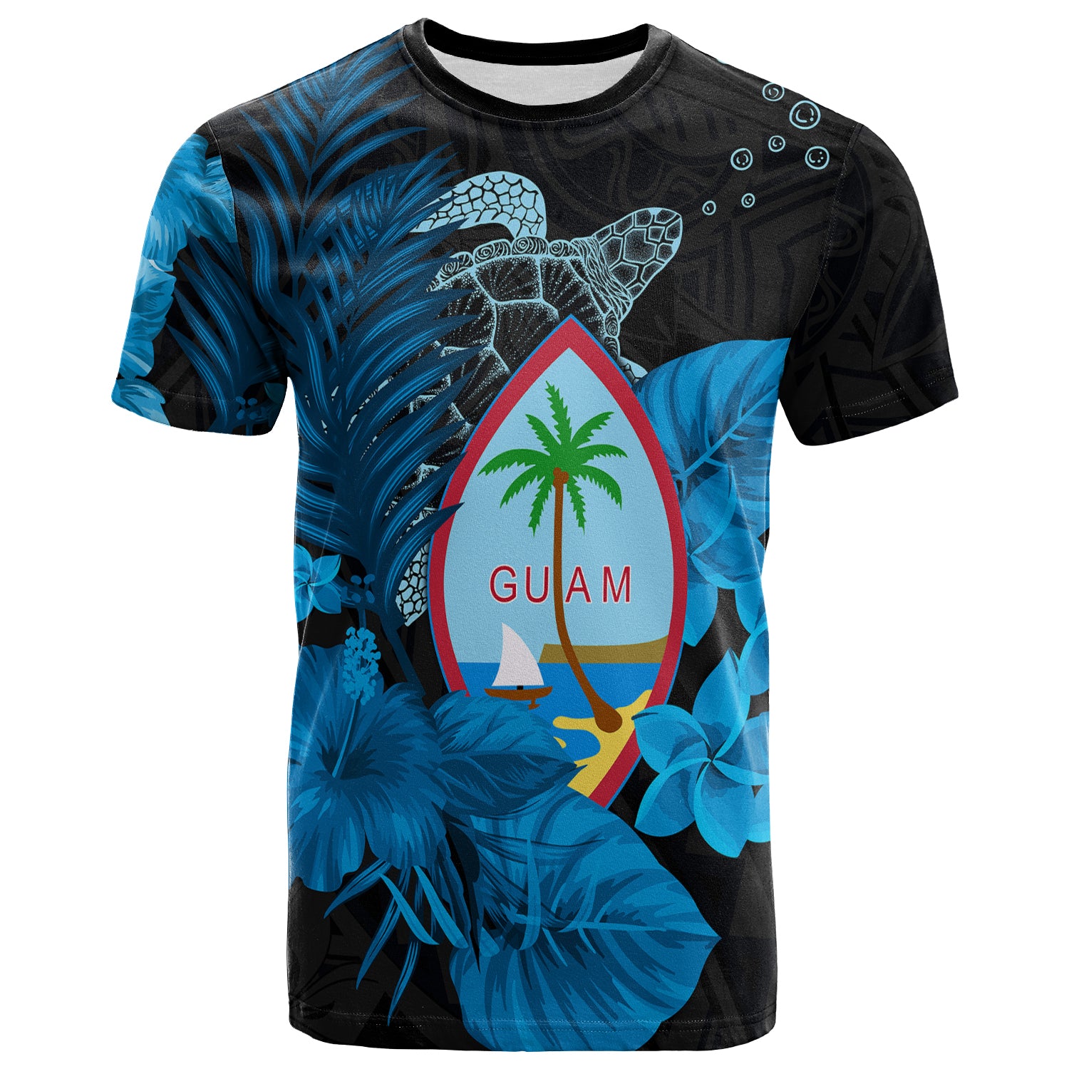 Guam Seal T Shirt Polynesian Turtle with Flowers Version Blue LT13 Unisex Blue - Polynesian Pride