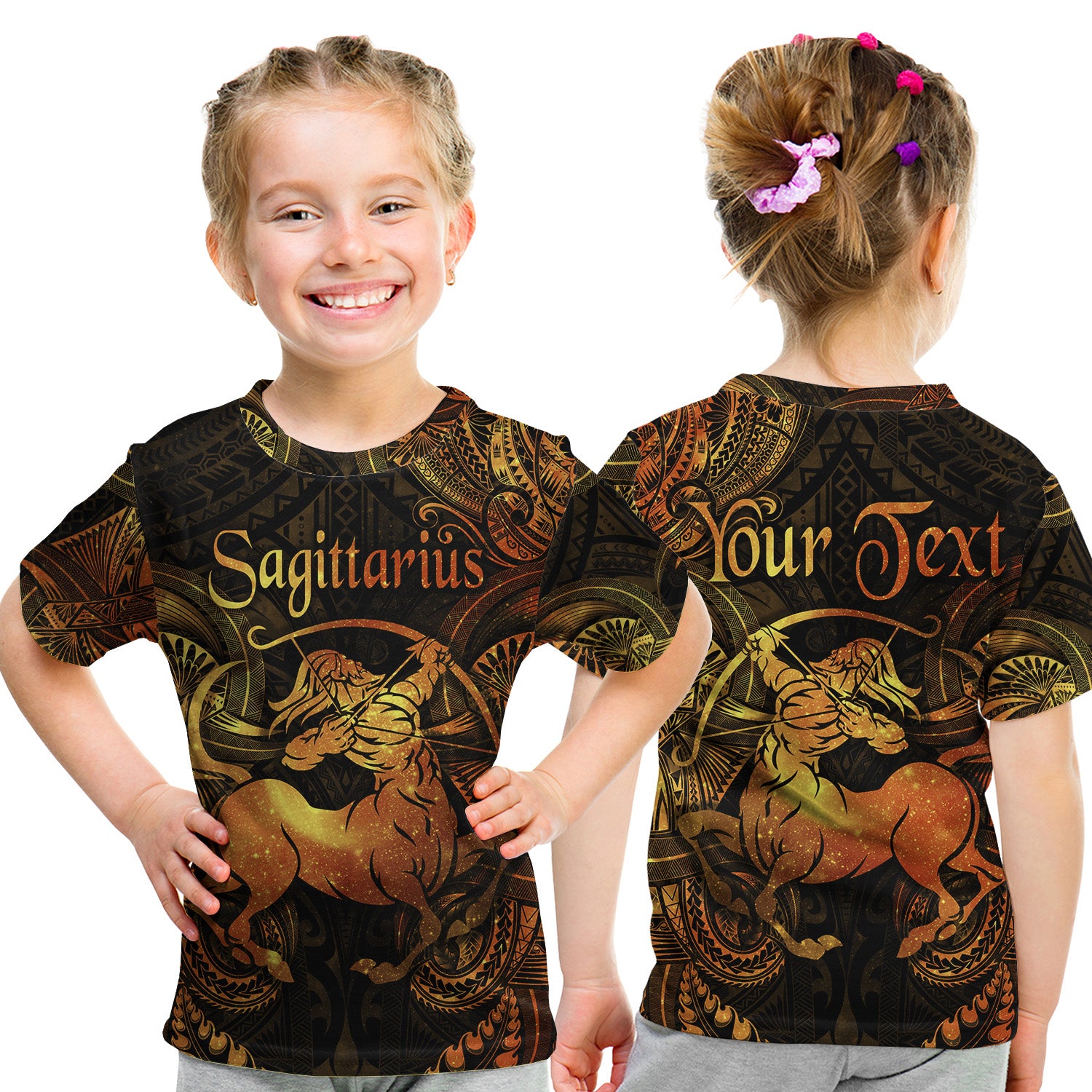 (Custom Personalised) Sagittarius Zodiac Polynesian T Shirt Kid Unique Style - Gold LT8 - Polynesian Pride