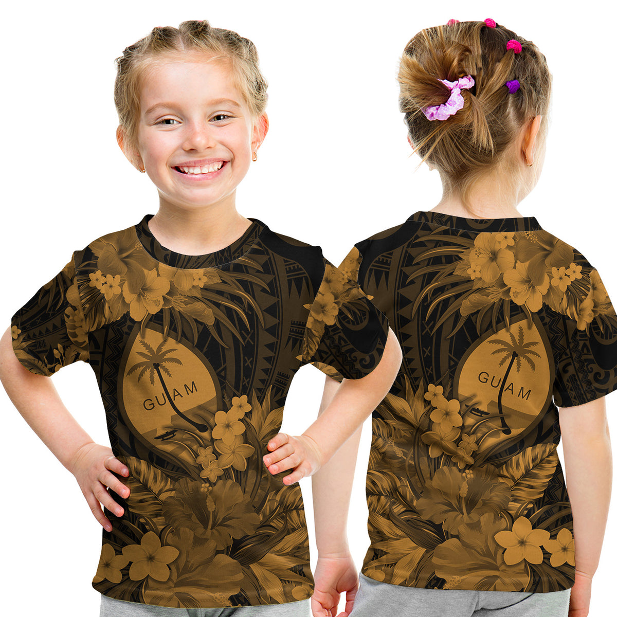 Guam Polynesian T Shirt KID Tropical Flowers - Tan LT8 - Polynesian Pride